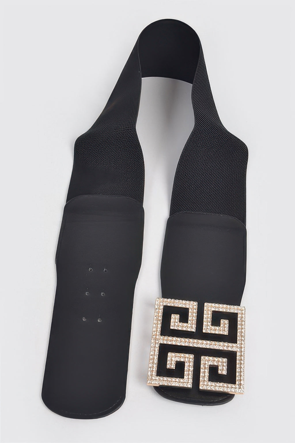 Black stretch belt with gold-toned rhinestone square buckle on strap ends