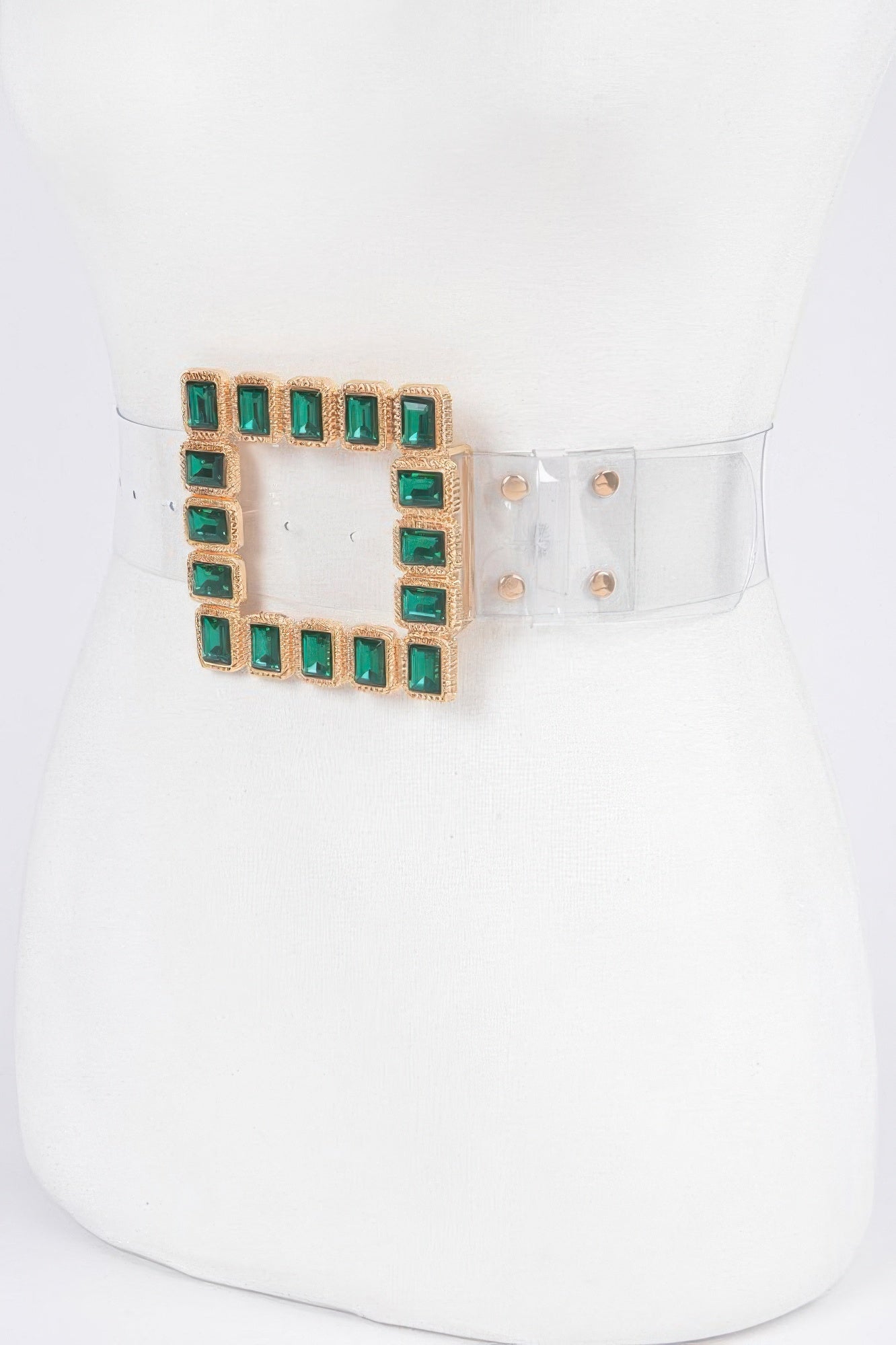 Square green gem buckle faux leather belt with gold-tone bezel and clear strap