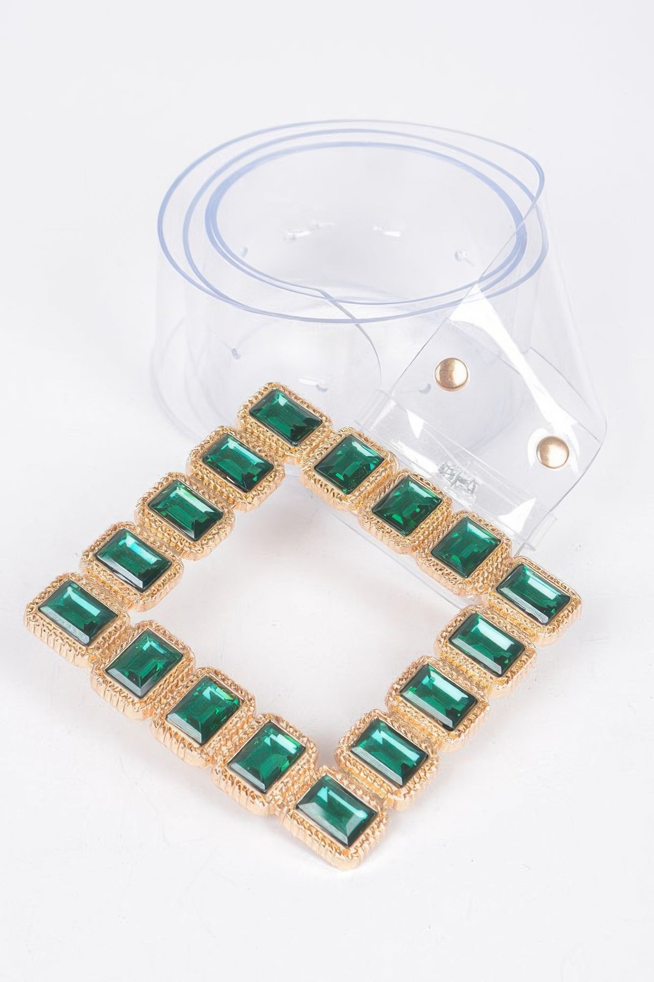 Square stone buckle faux leather belt with multicolor gems and clear strap
