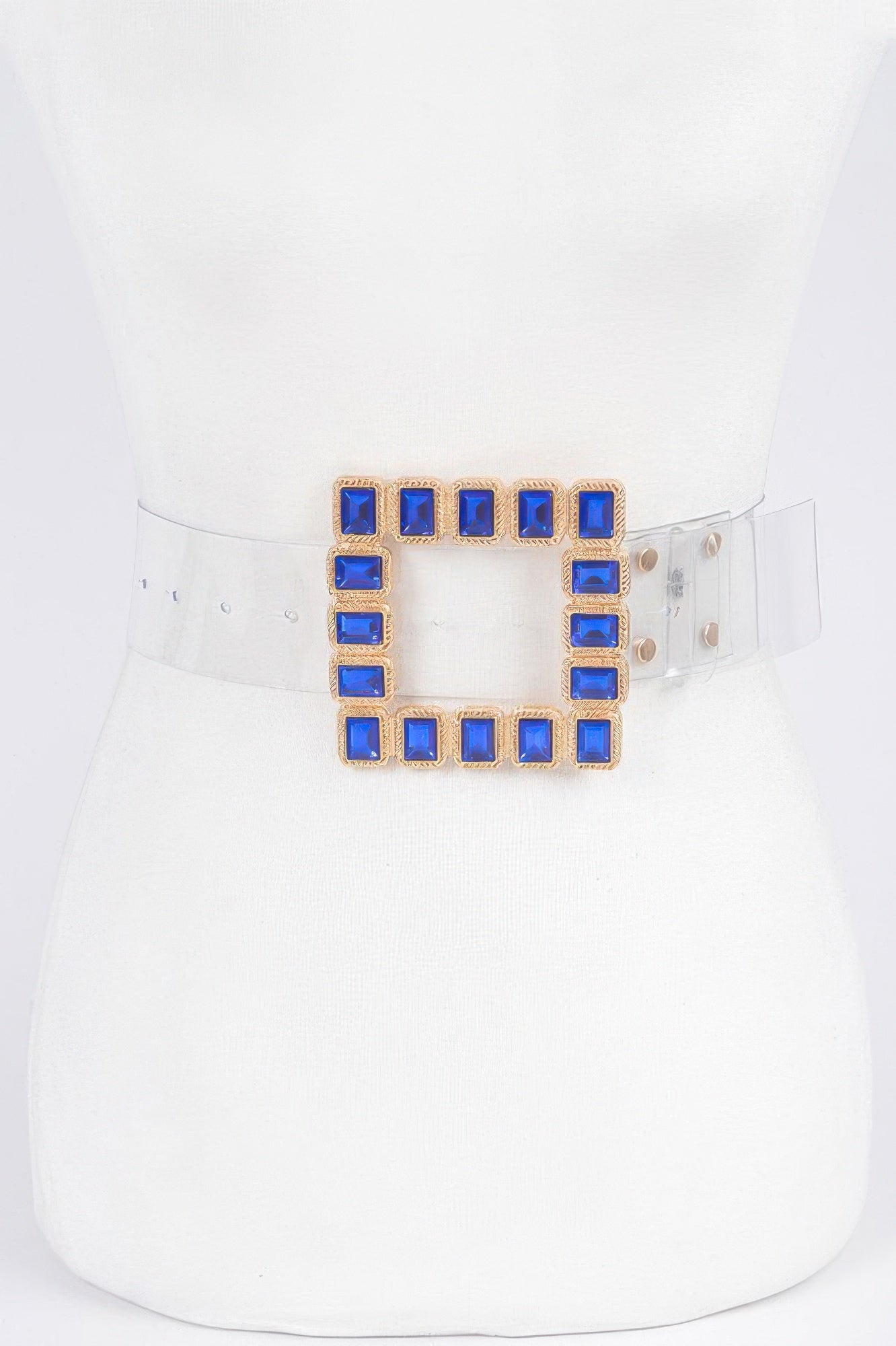 Square blue gem buckle faux leather belt with gold-tone setting on clear strap