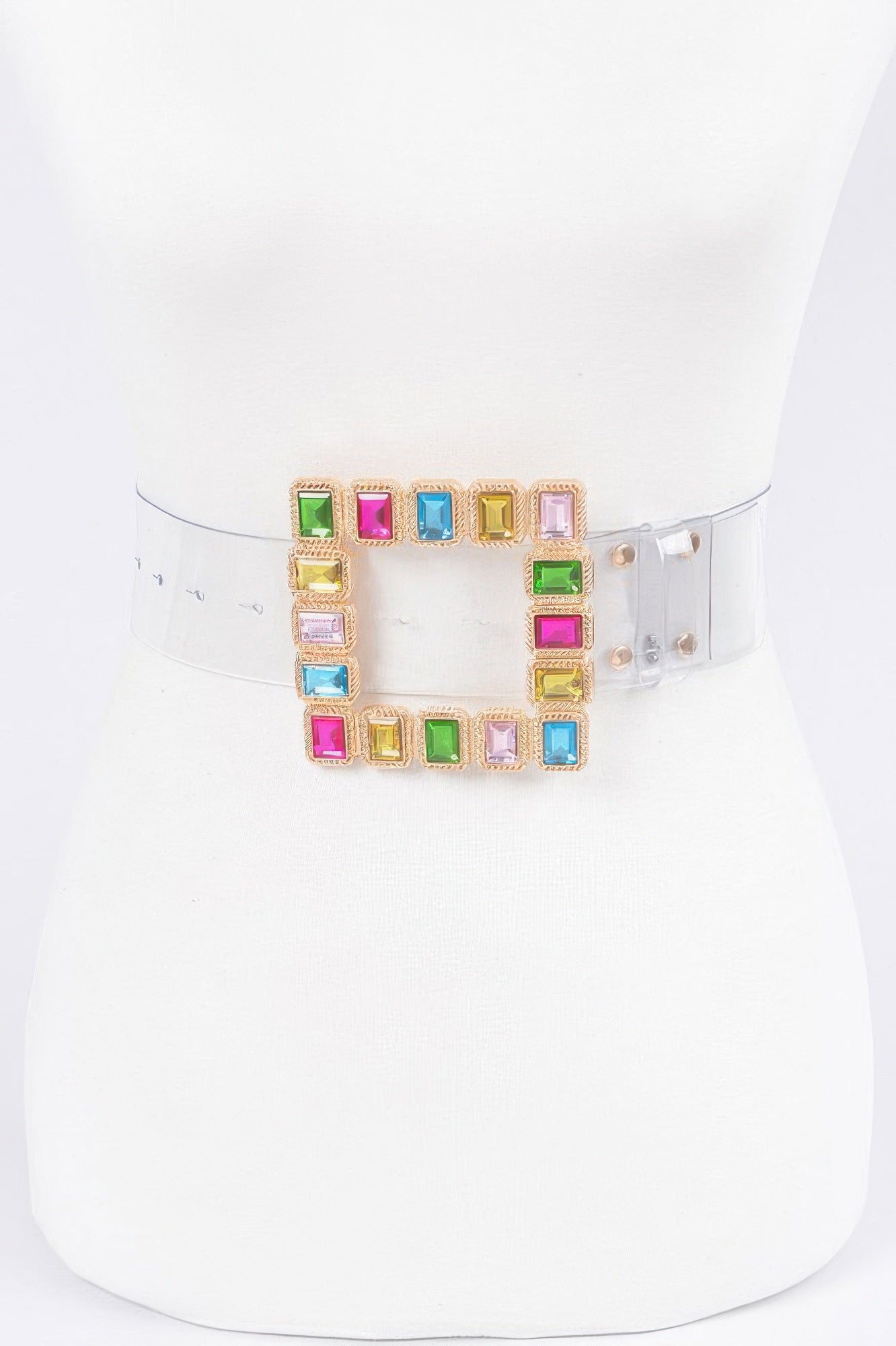 Stone buckle faux leather belt with multicolor gems in a square gold-tone frame