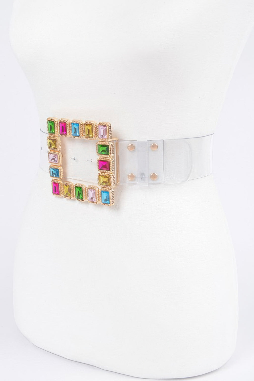 Square multicolor gem buckle faux leather belt on clear strap, front view