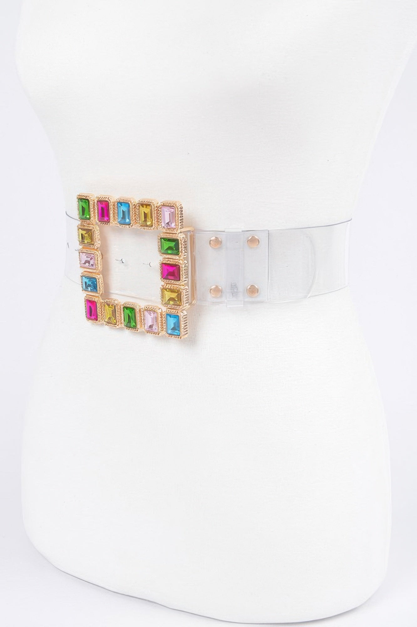 Square multicolor gem buckle faux leather belt on clear strap, front view