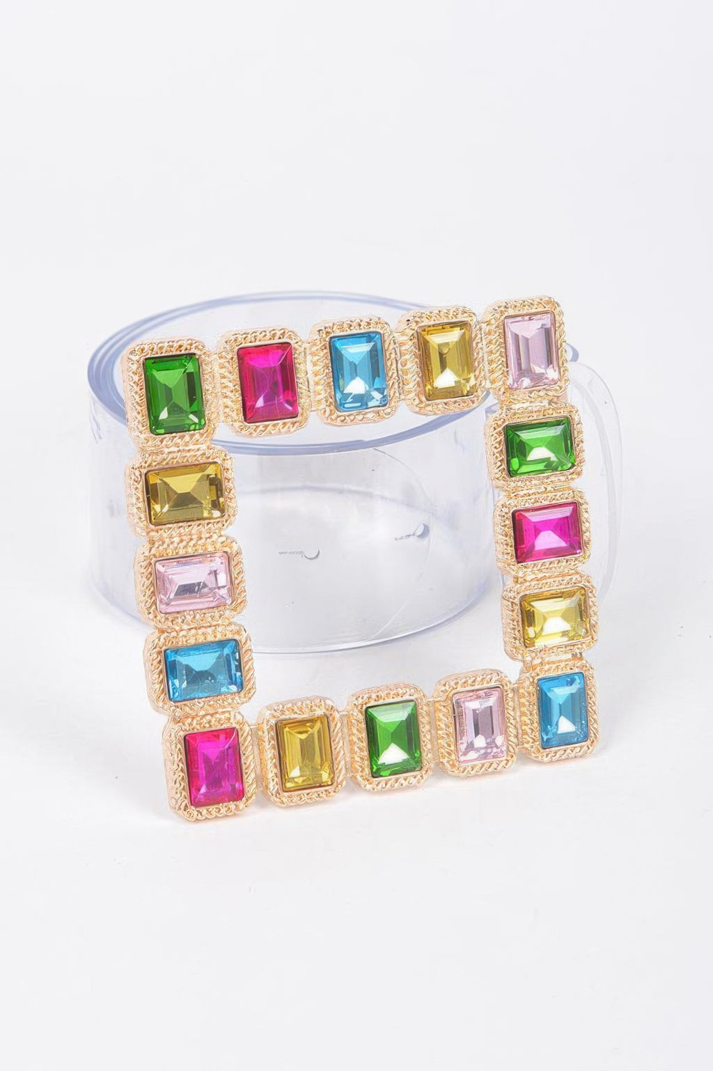 Multicolor square stone buckle faux leather belt on clear strap, detailed gems