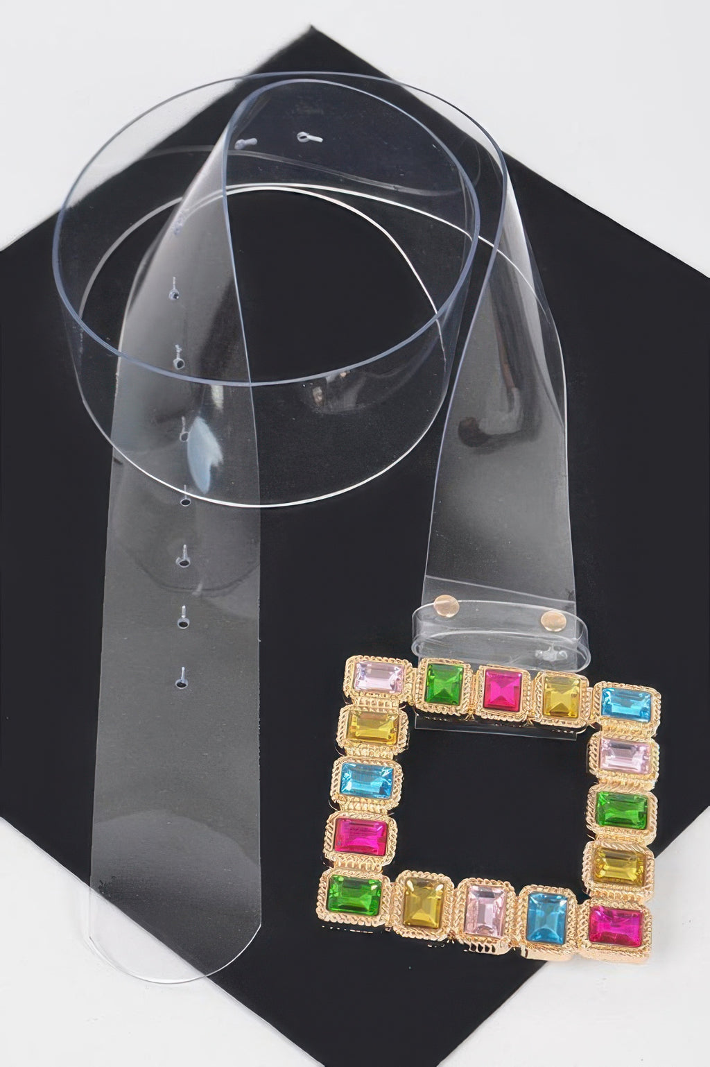 Stone buckle faux leather belt with multicolor square rhinestones on clear strap