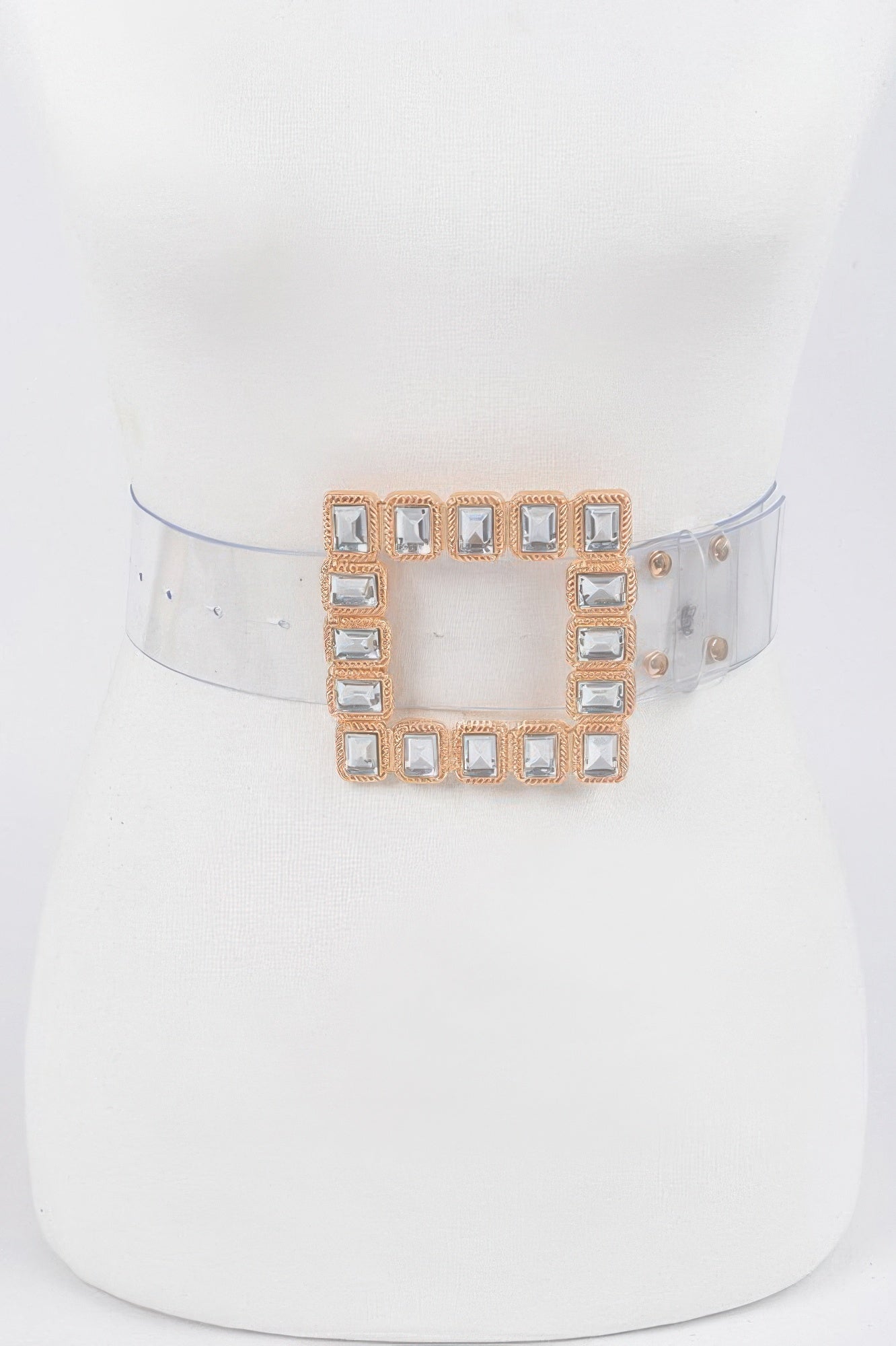 Stone buckle faux leather belt with silver-gray square stones on clear strap