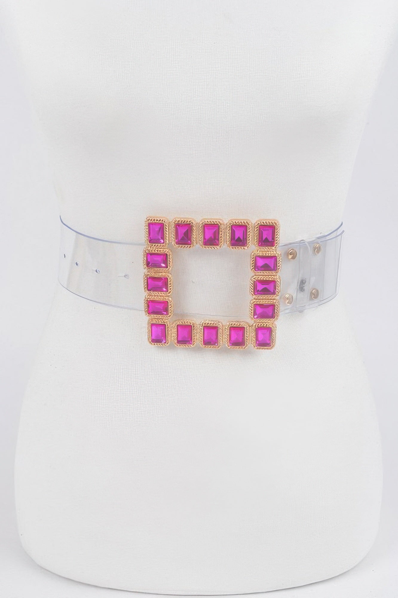 Stone buckle faux leather belt with fuchsia square stones on clear strap