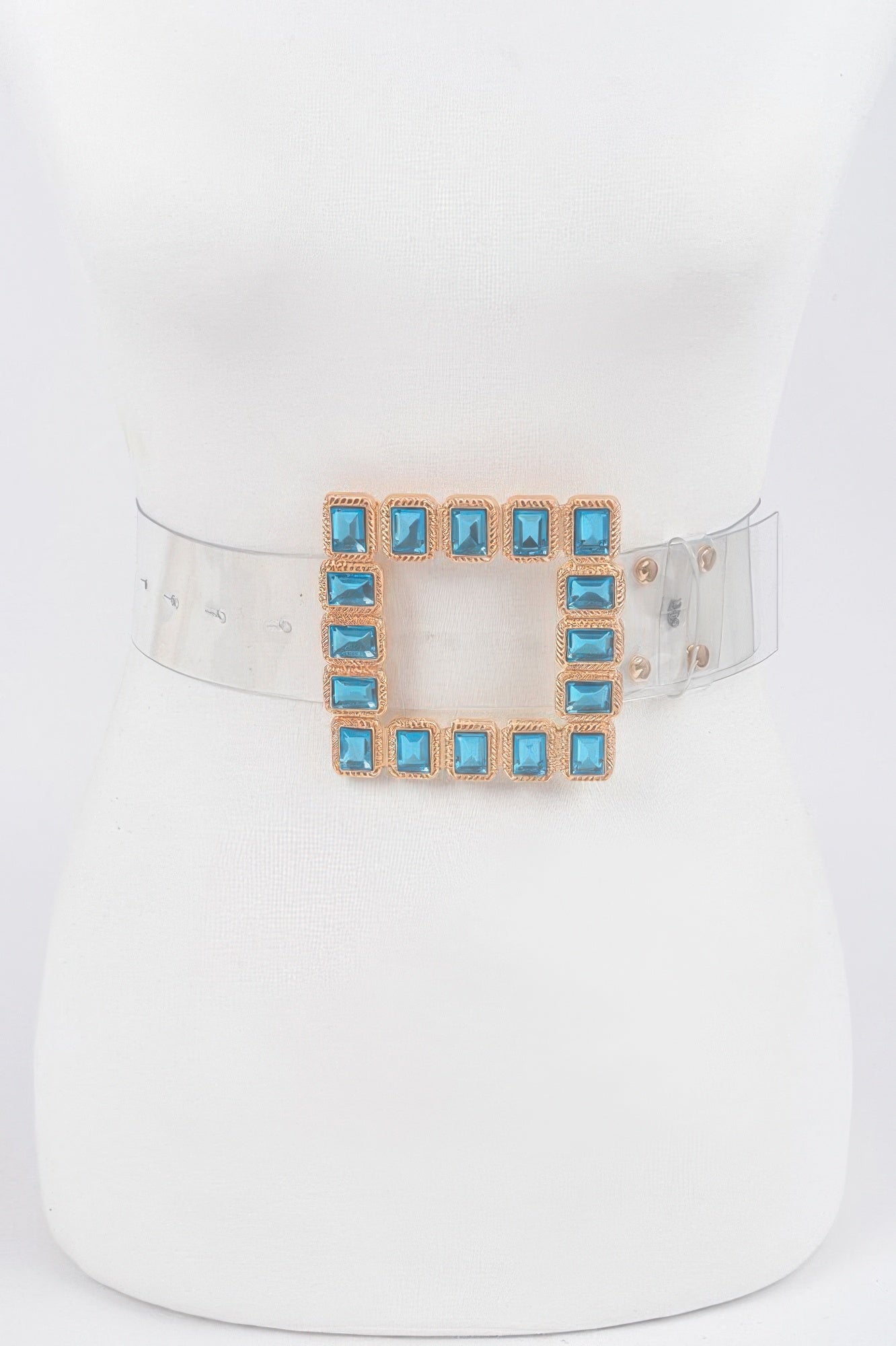 Stone buckle faux leather belt with blue square stones on clear strap