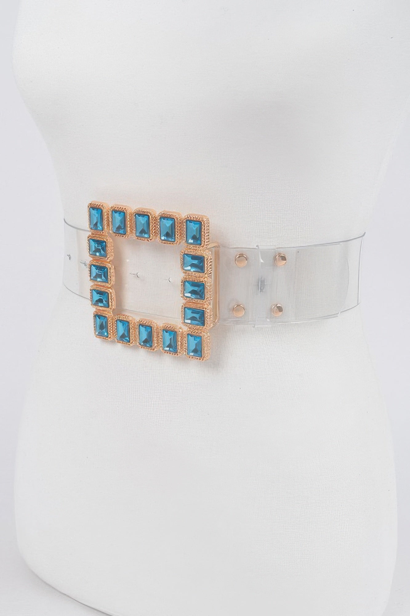 Stone buckle faux leather belt with light-blue square stones and clear adjustable strap