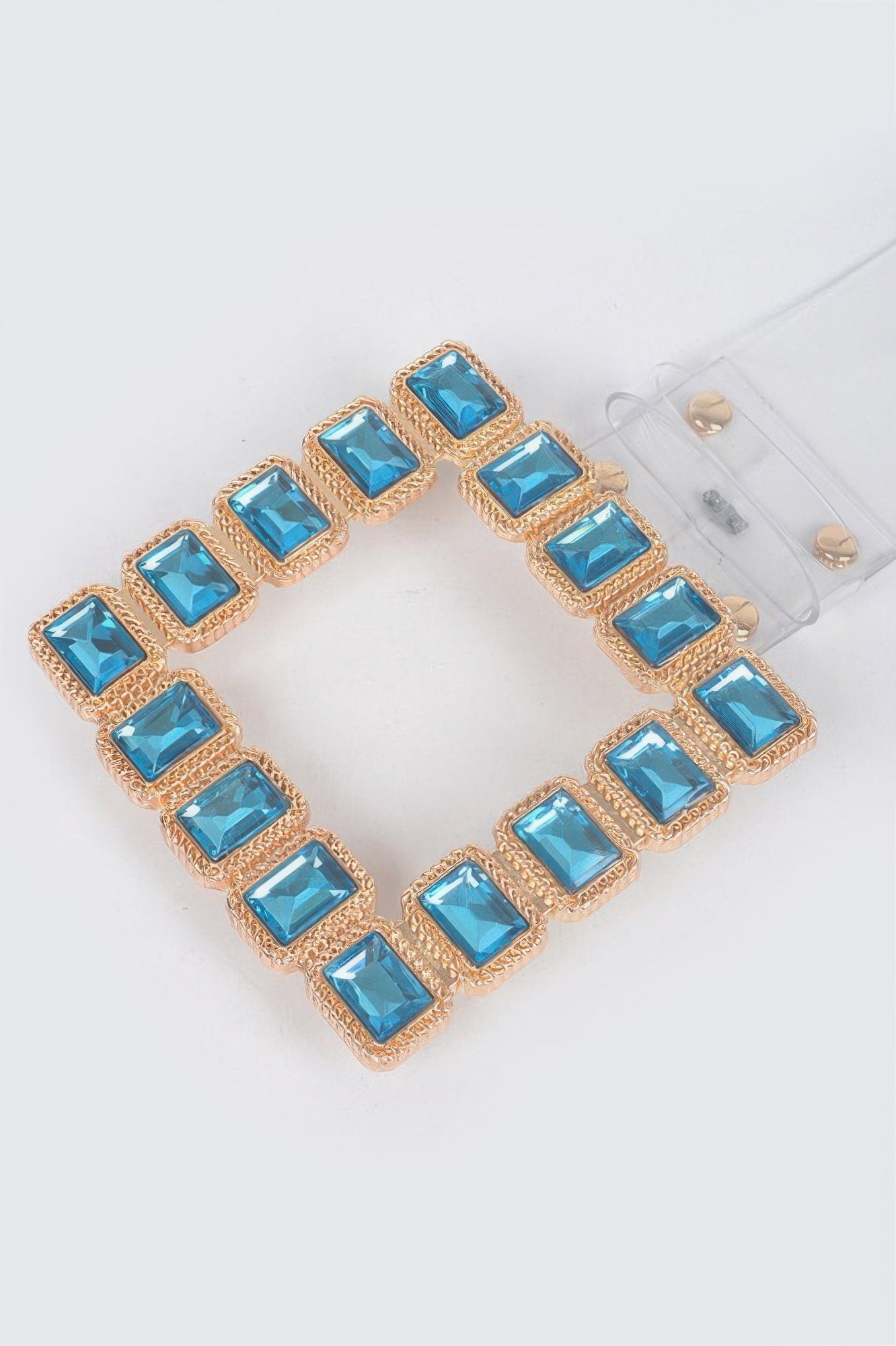 Stone buckle faux leather belt with light-blue square stones, circular stone buckle