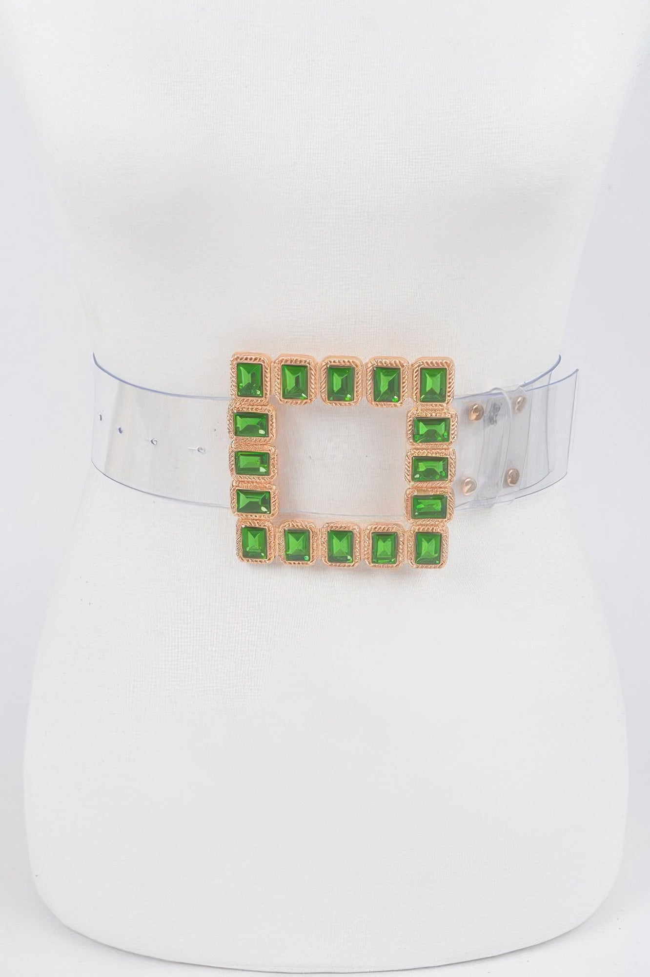 Stone buckle faux leather belt with dark green square stones on clear strap