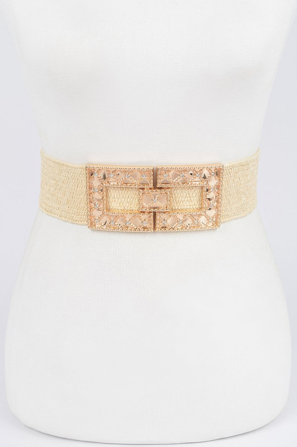 Rhinestone Buckle Stretch Straw Belt (Beige) with square jeweled buckle