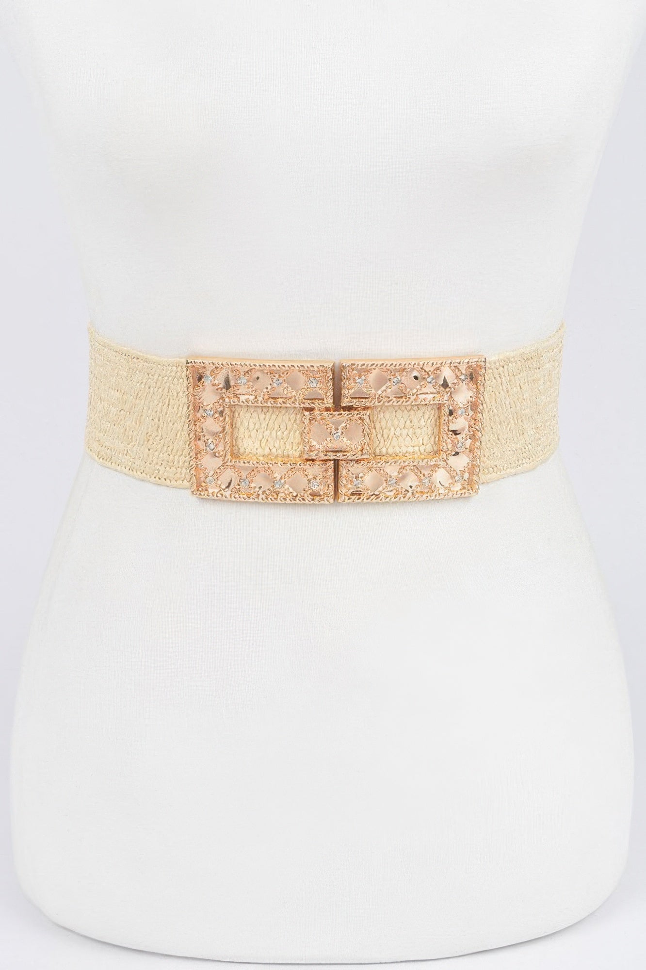 Rhinestone Buckle Stretch Straw Belt (Beige) with square jeweled buckle
