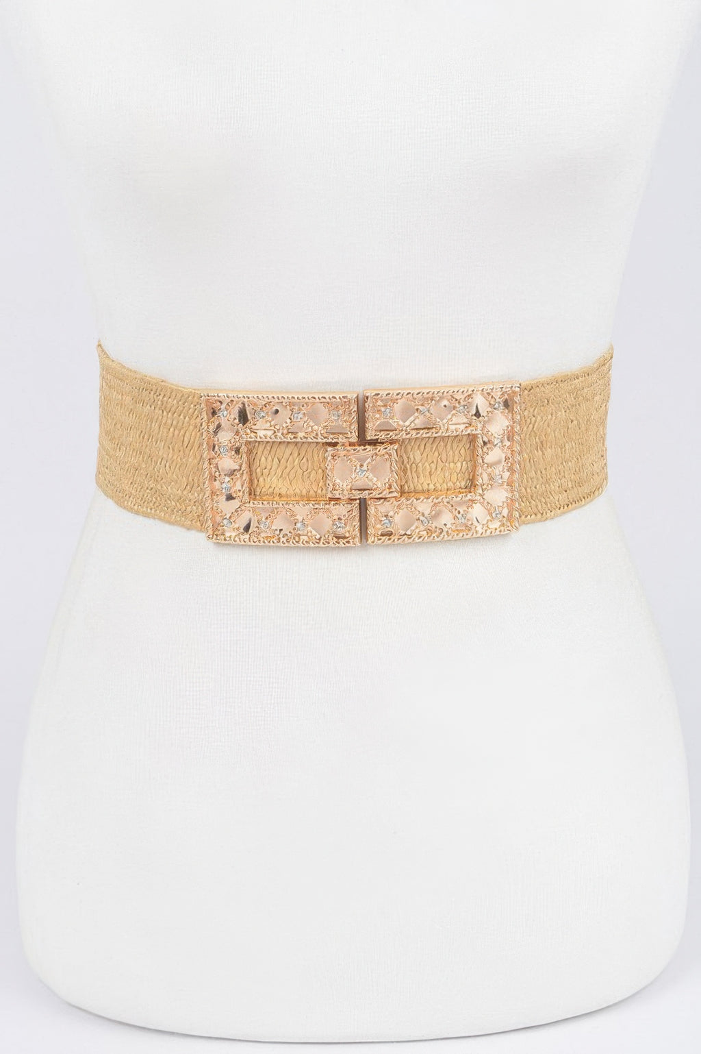 Beige stretch straw belt with rhinestone square buckle at center