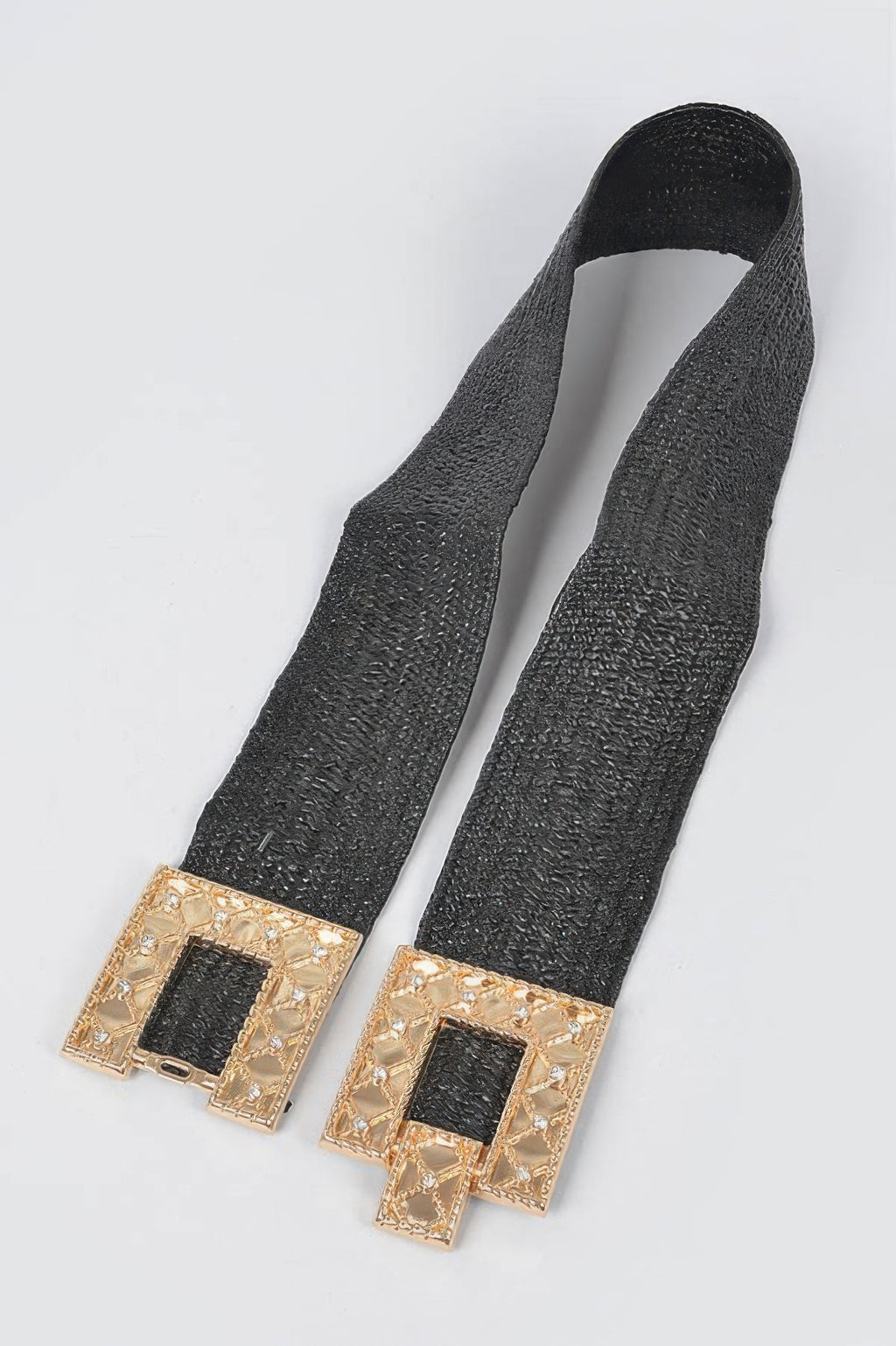 Black stretch straw belt ends with rhinestone square buckle detail