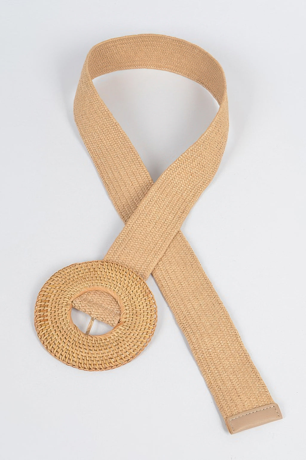 Woven elastic belt with round bamboo buckle loop, tan strap and buckle