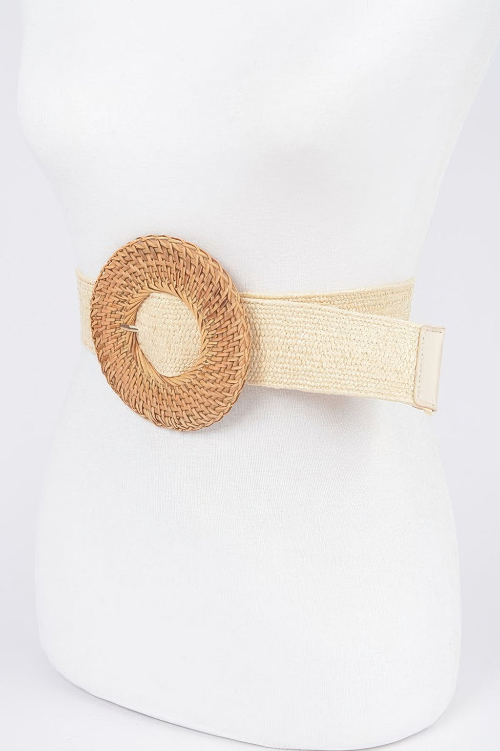 Ivory woven elastic belt with round bamboo buckle, dark tan center