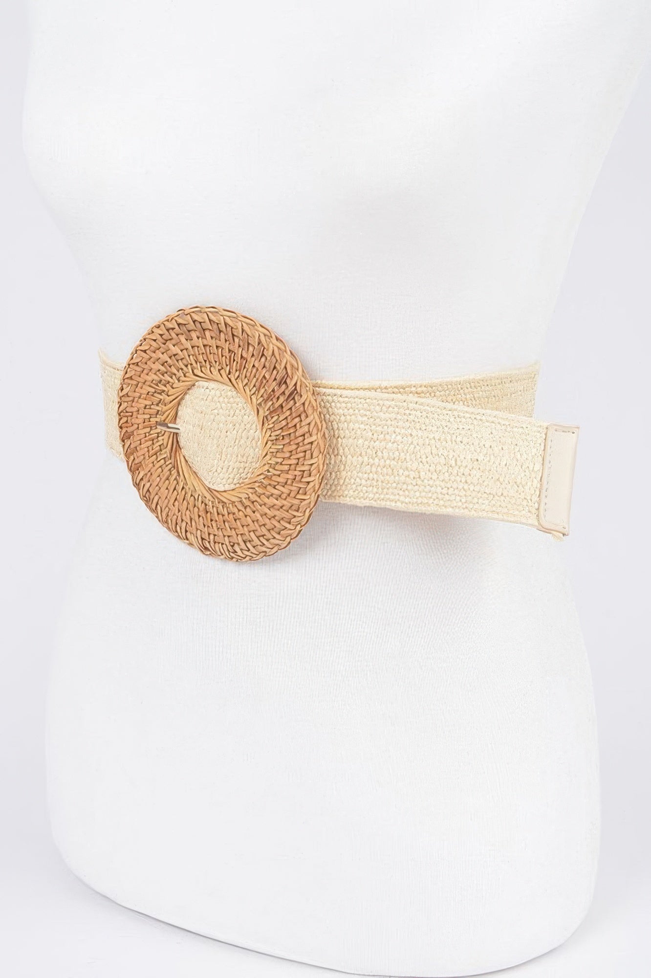 Ivory woven elastic belt with round bamboo buckle, dark tan center