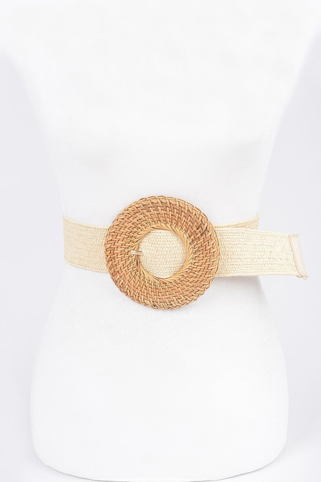 Ivory woven elastic belt featuring round bamboo buckle detail