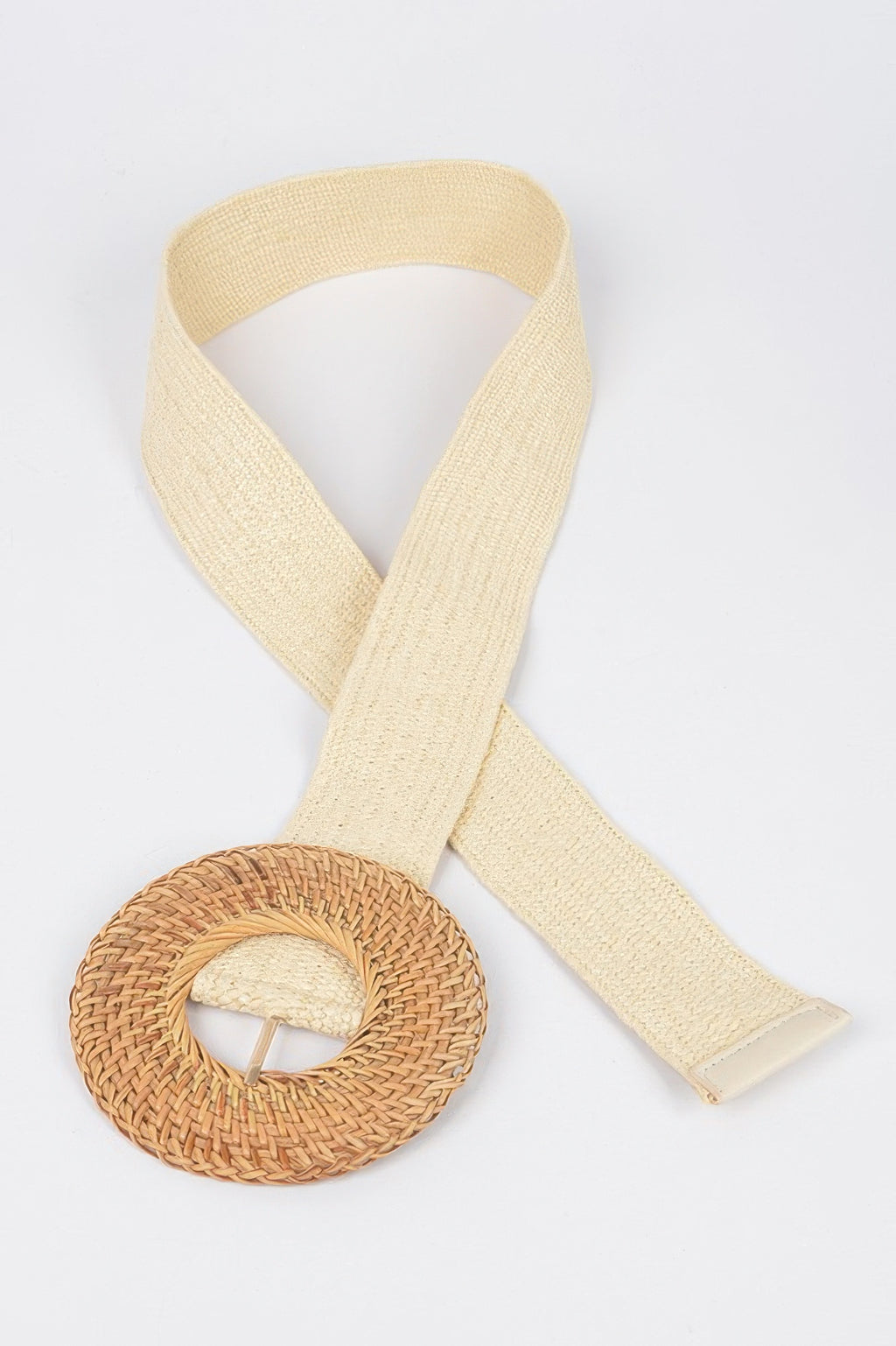 Ivory woven elastic belt with oversized round bamboo buckle, brown accent