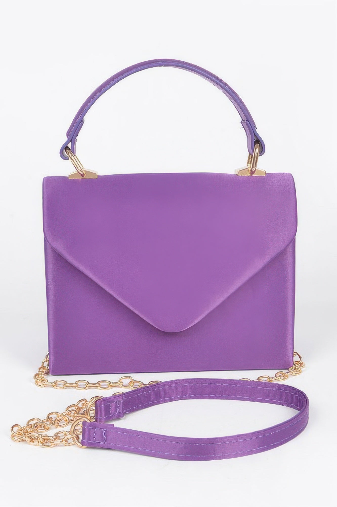 Purple satin top-handle flap crossbody bag with gold-tone hardware and chain strap.