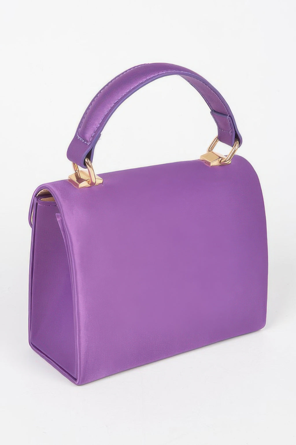 Purple satin structured flap crossbody bag with top handle and gold-tone buckles.