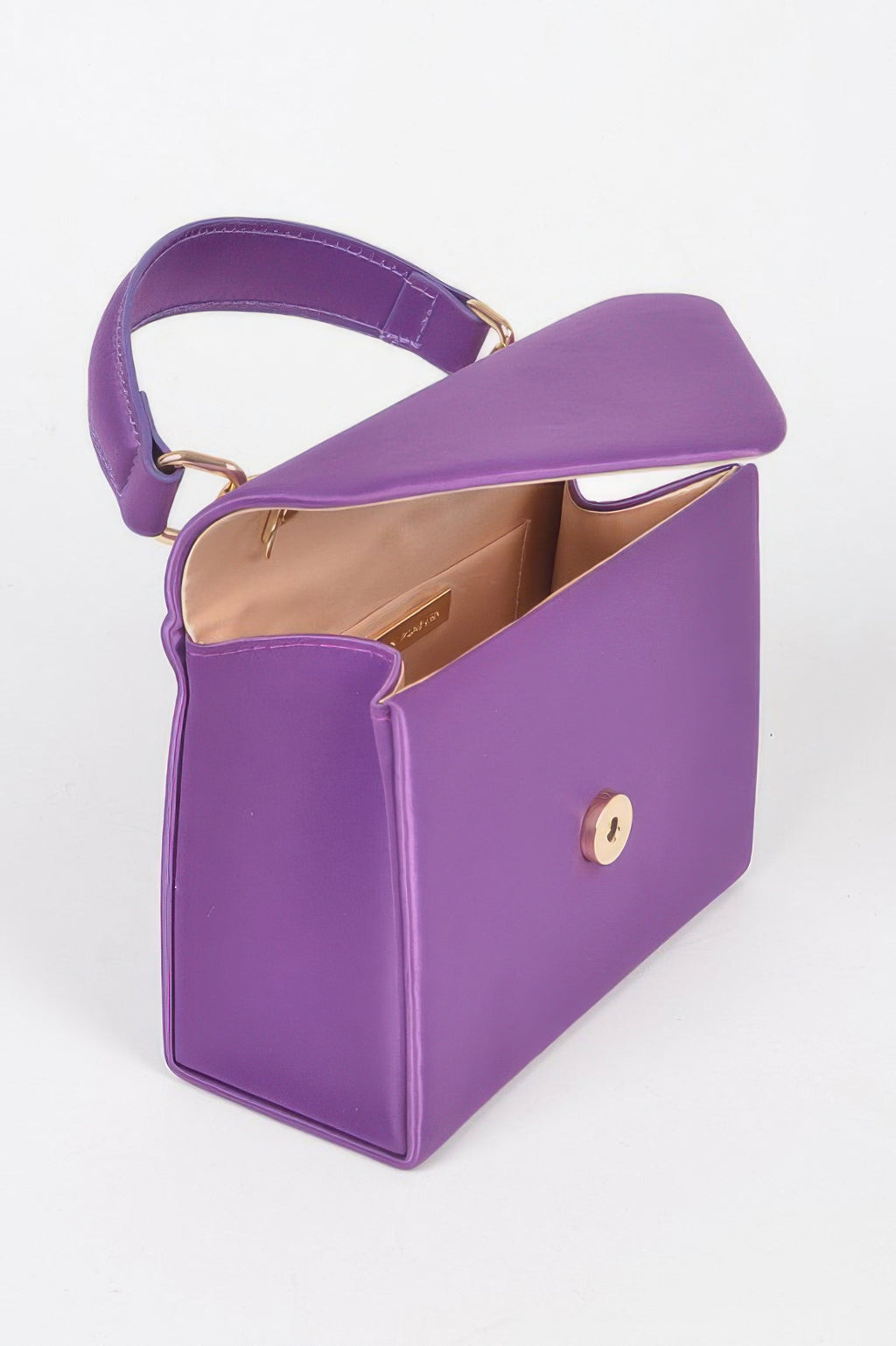 Purple satin crossbody bag with flap open, revealing interior pocket; gold hardware.