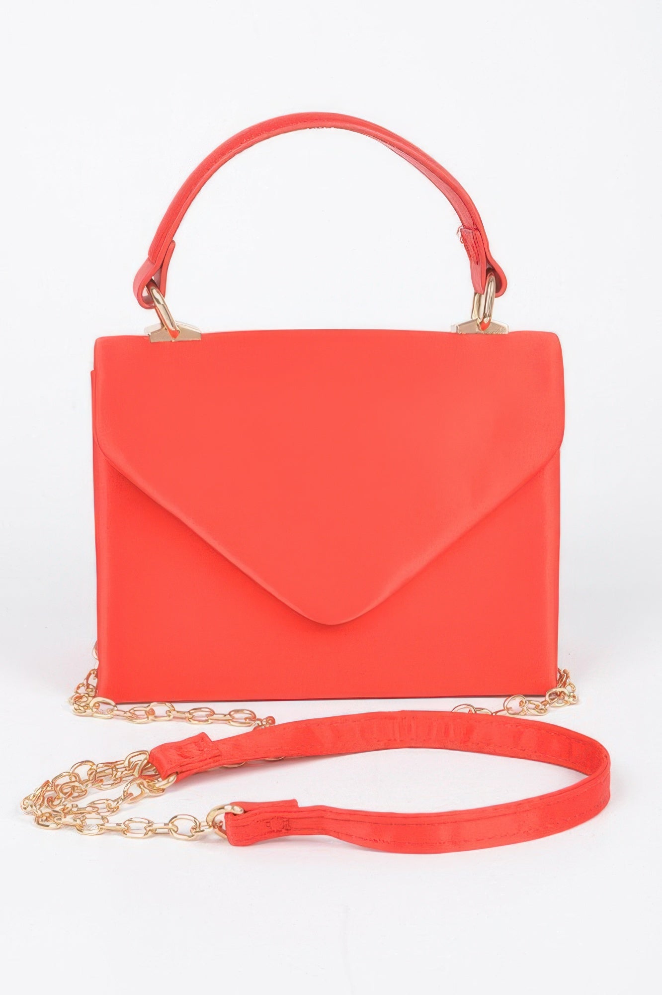 Red satin top-handle flap crossbody bag with gold-tone chain strap and adjustable strap.