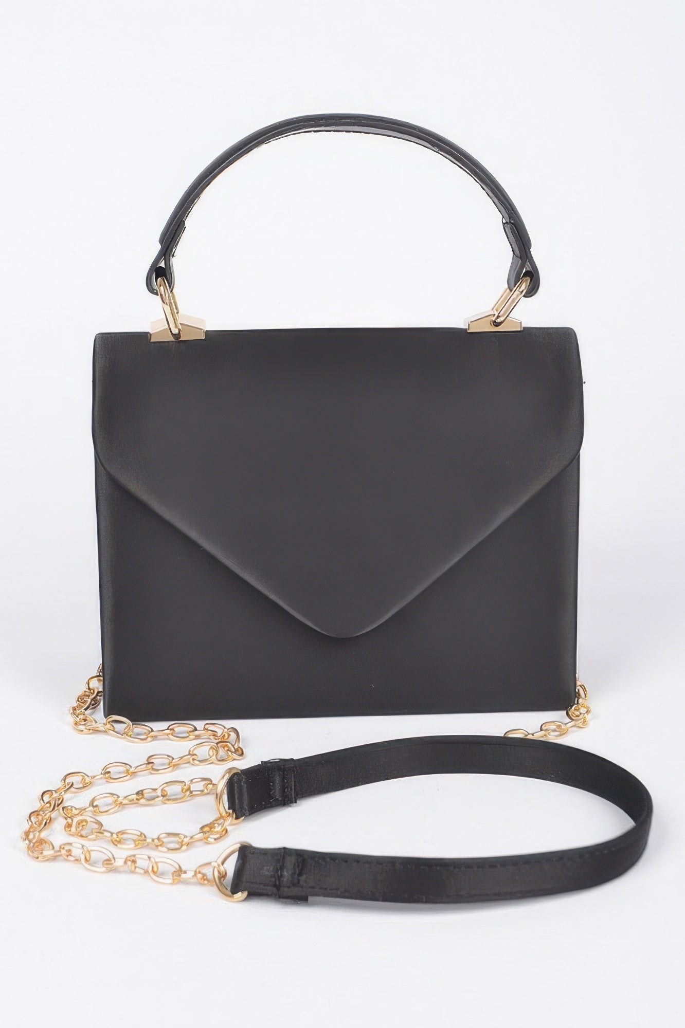Black satin top-handle flap crossbody bag with gold-tone chain and adjustable strap.