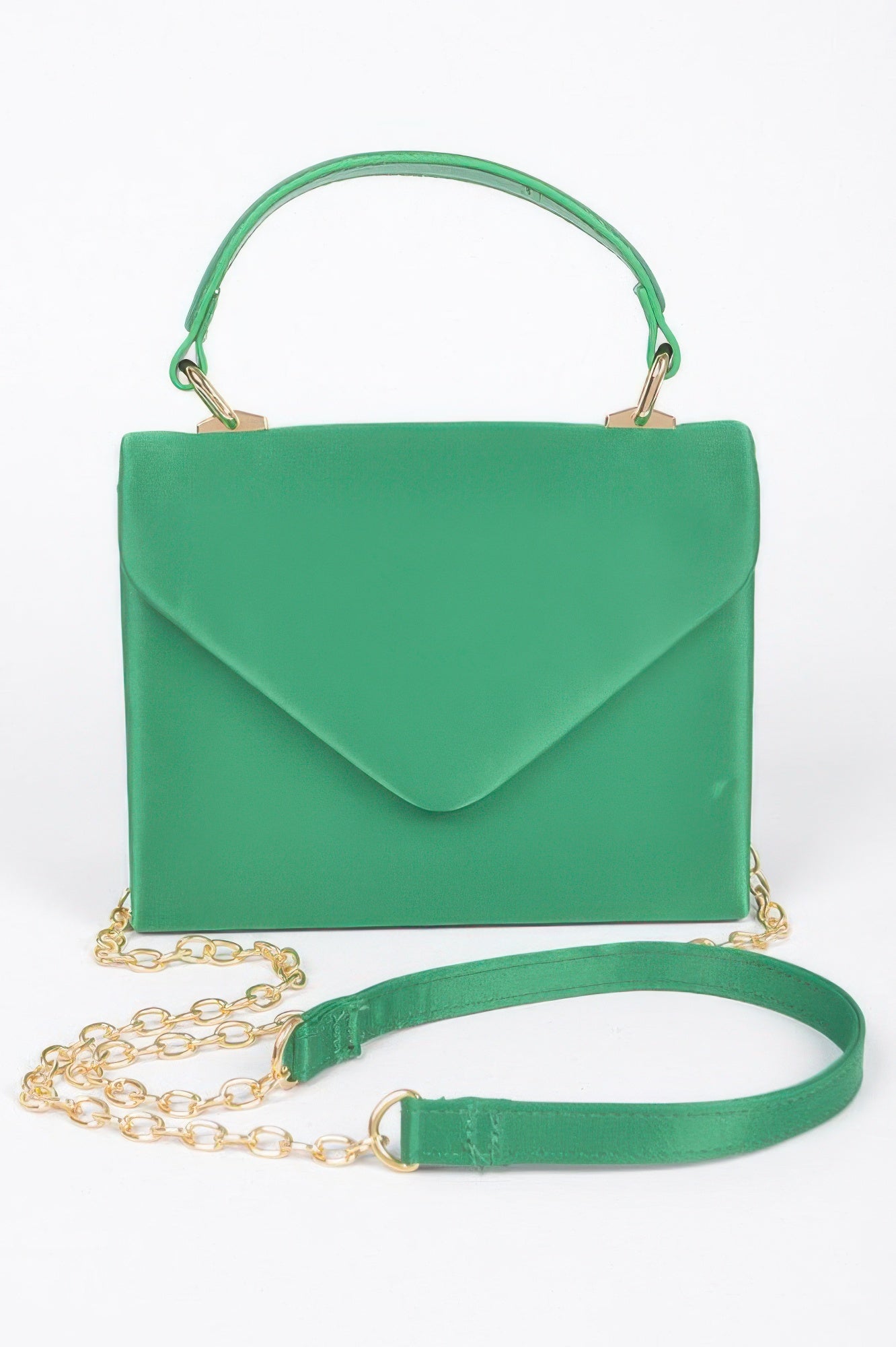 Satin top handle flap crossbody bag, vibrant green with gold chain strap