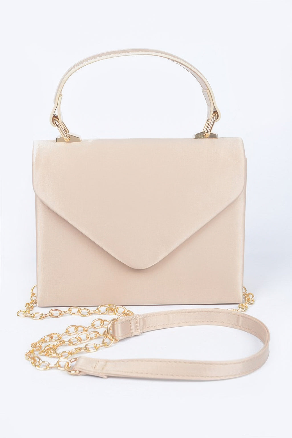 Satin top handle flap crossbody bag, beige with gold chain and adjustable strap