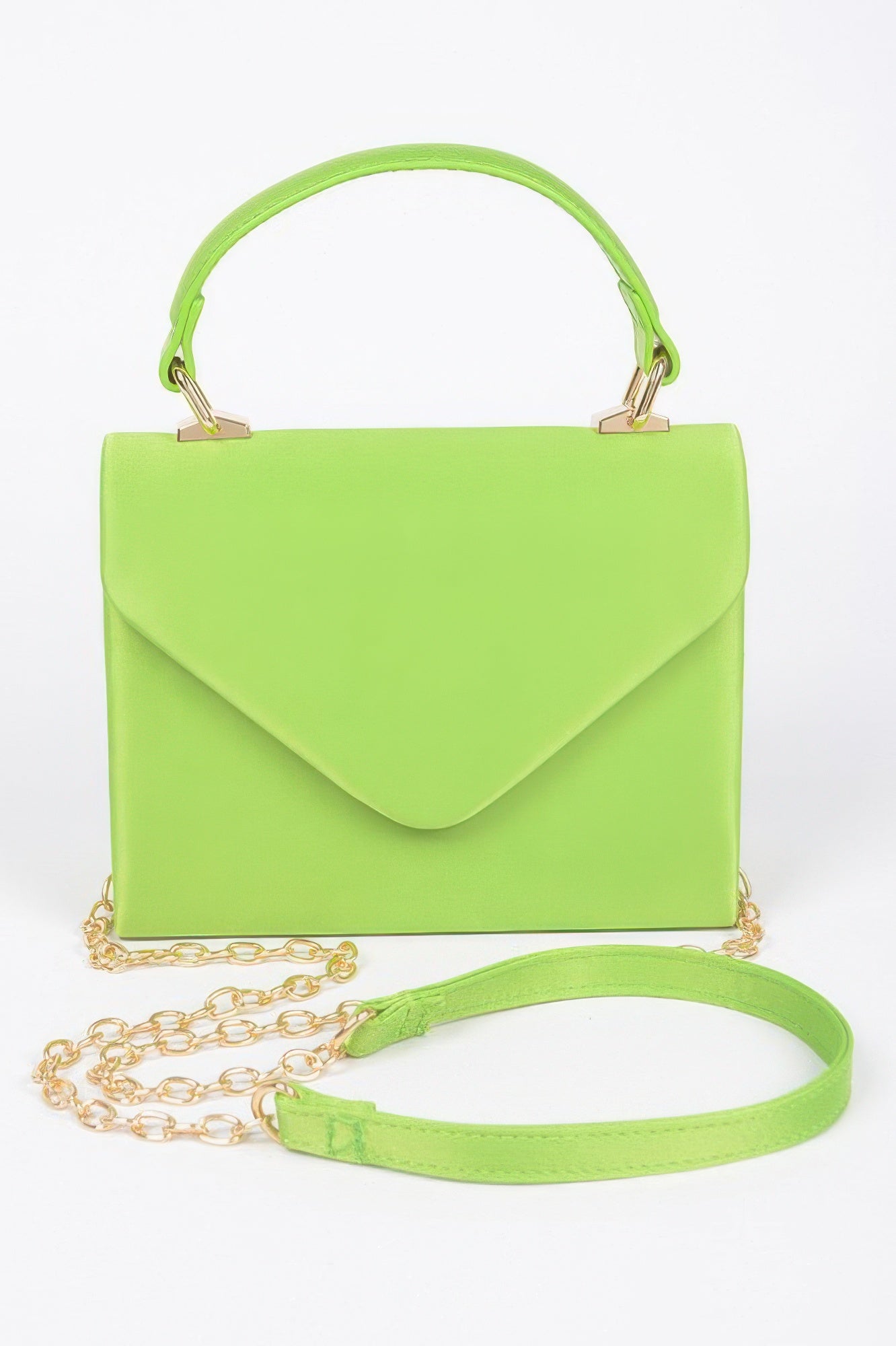 Satin top handle flap crossbody bag, lime green with gold chain shoulder strap