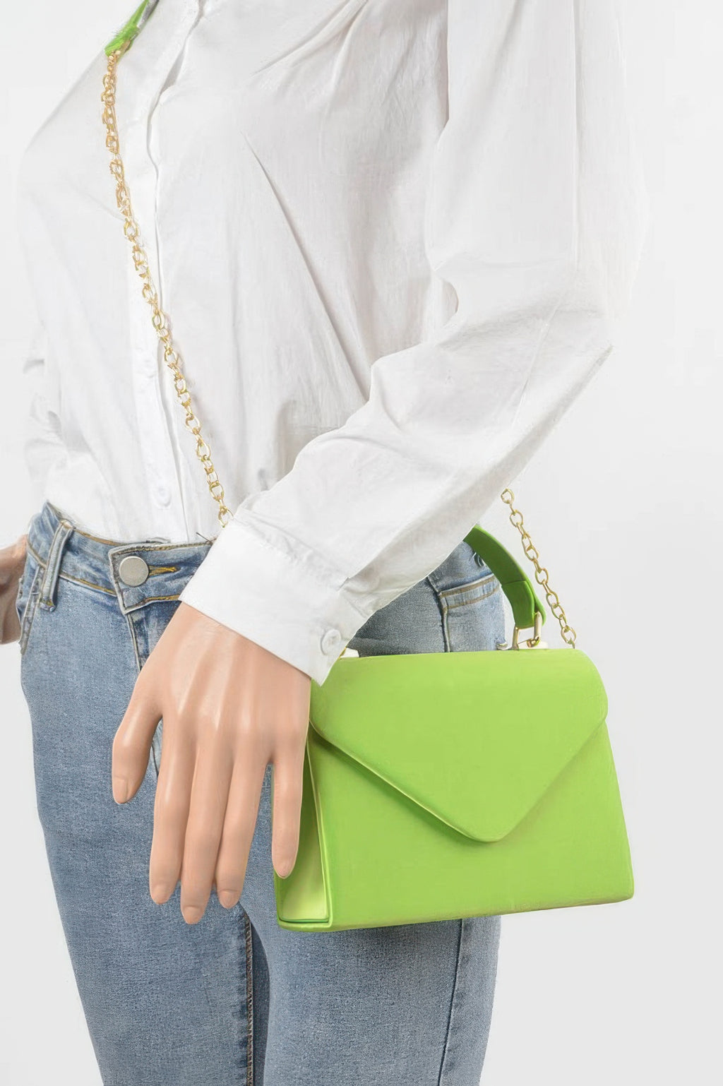 Satin top handle flap crossbody bag, bright green held with gold chain strap