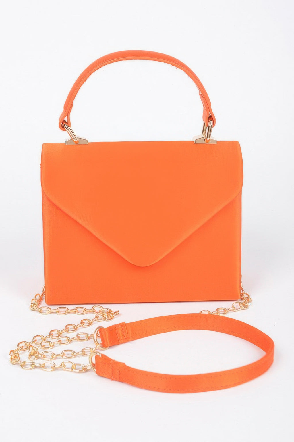 Satin top handle flap crossbody bag, orange with gold chain and matching strap