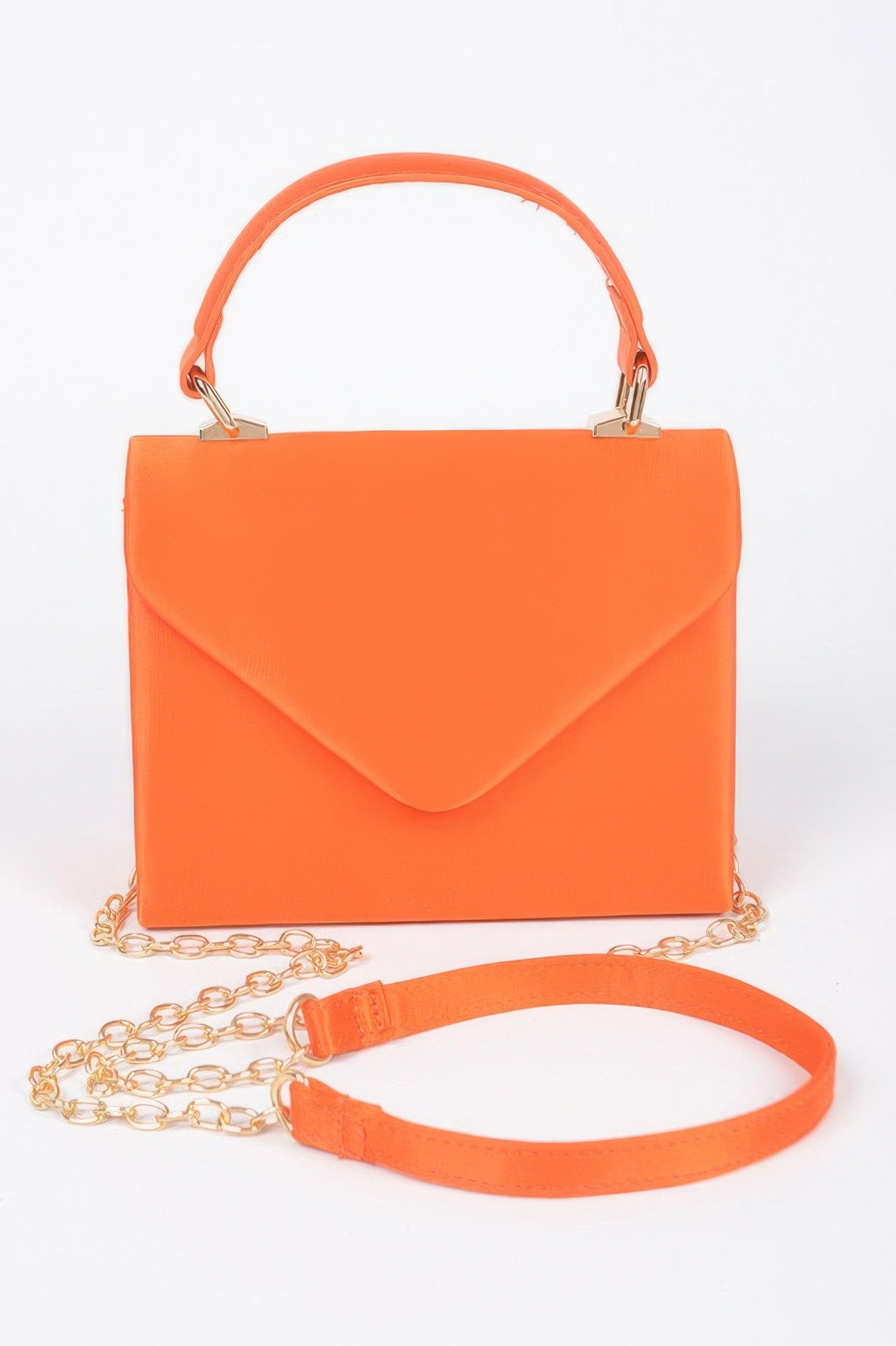 Satin top handle flap crossbody bag, orange with gold chain and matching strap