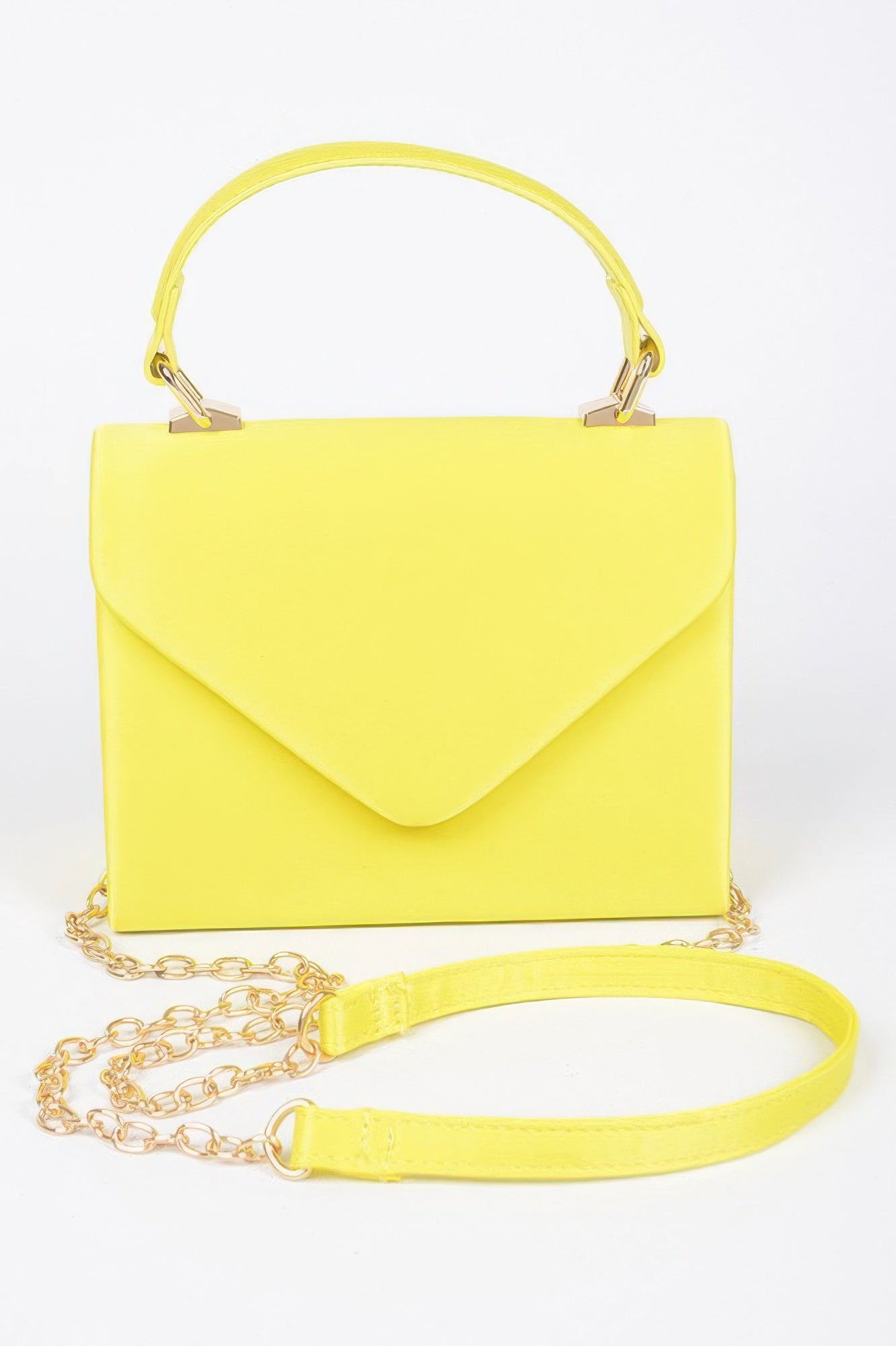 Satin top handle flap crossbody bag, yellow with gold chain and adjustable strap