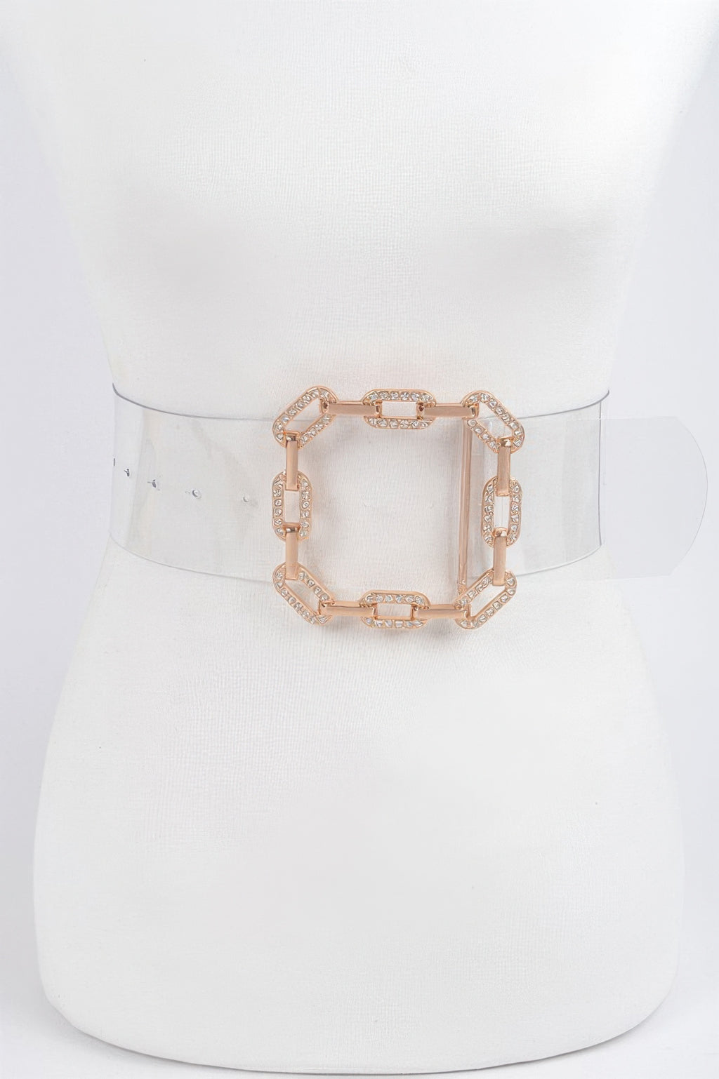 Transparent plus size belt with gold rhinestone buckle on mannequin waist