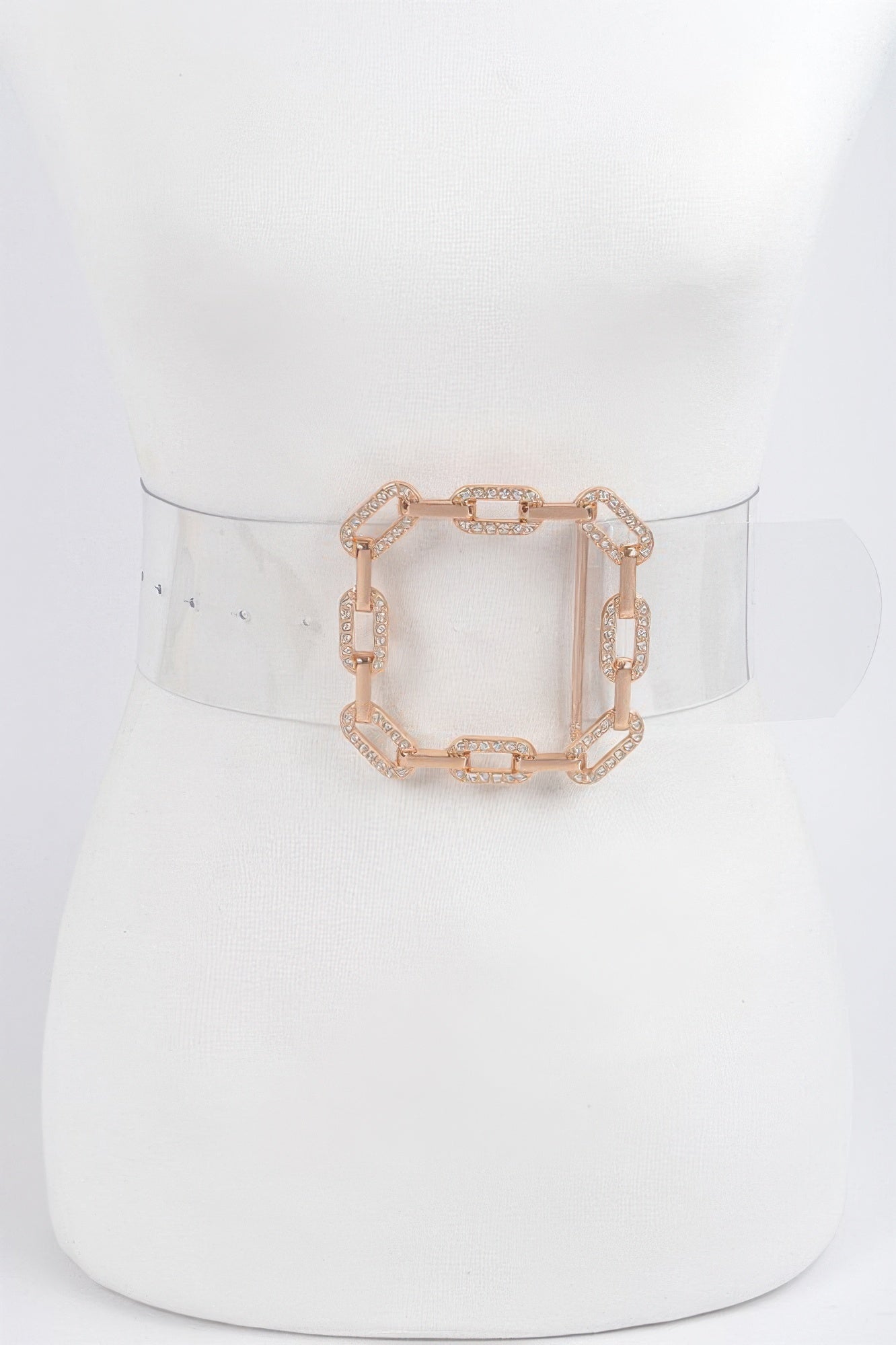 Transparent plus size belt with gold rhinestone buckle on mannequin waist