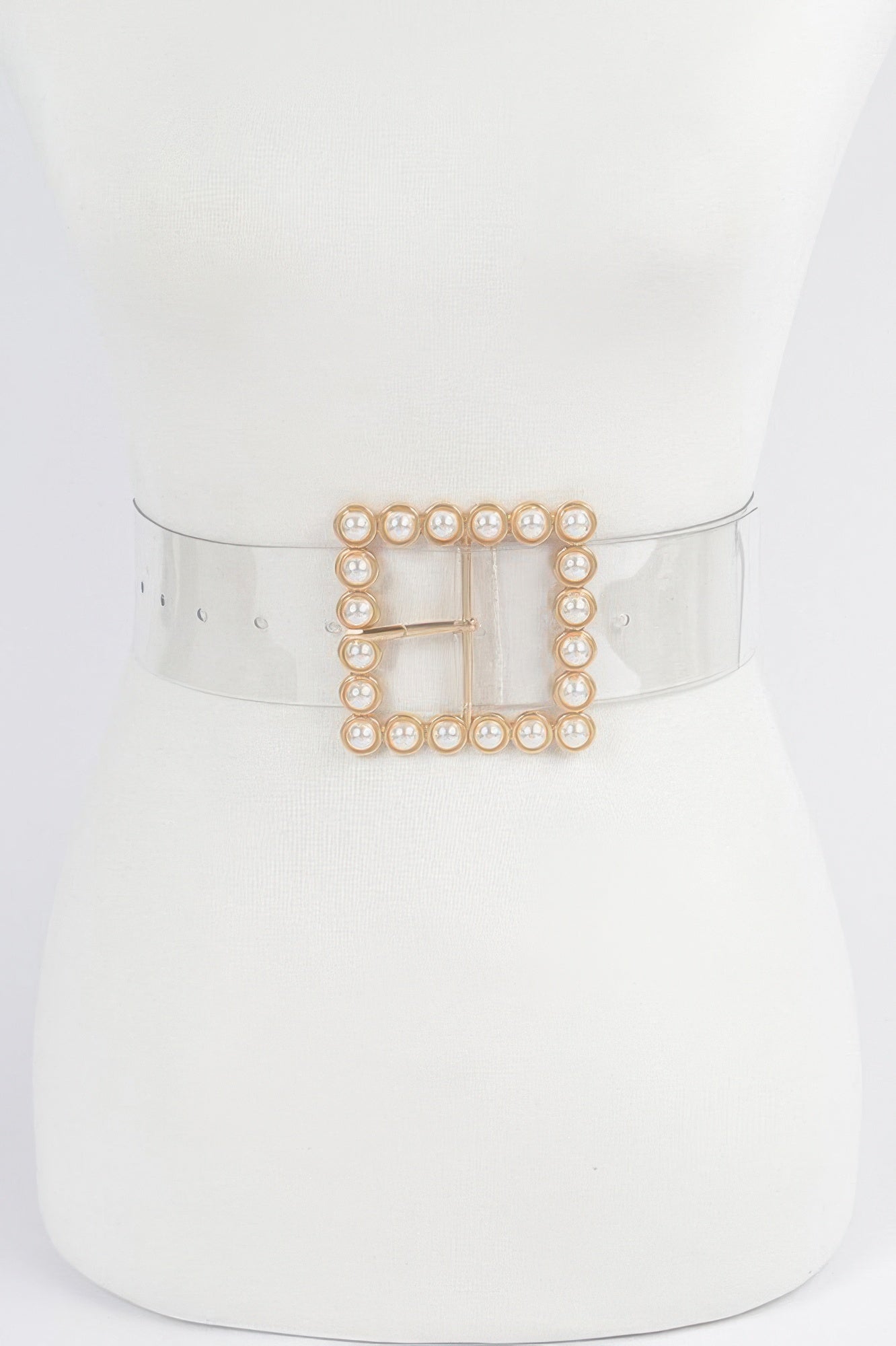 Clear plus-size belt with pearl beaded square buckle and gold-tone center