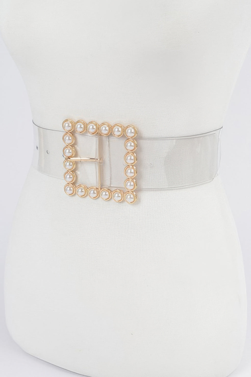 Pearl beaded square buckle on a clear stretch belt band