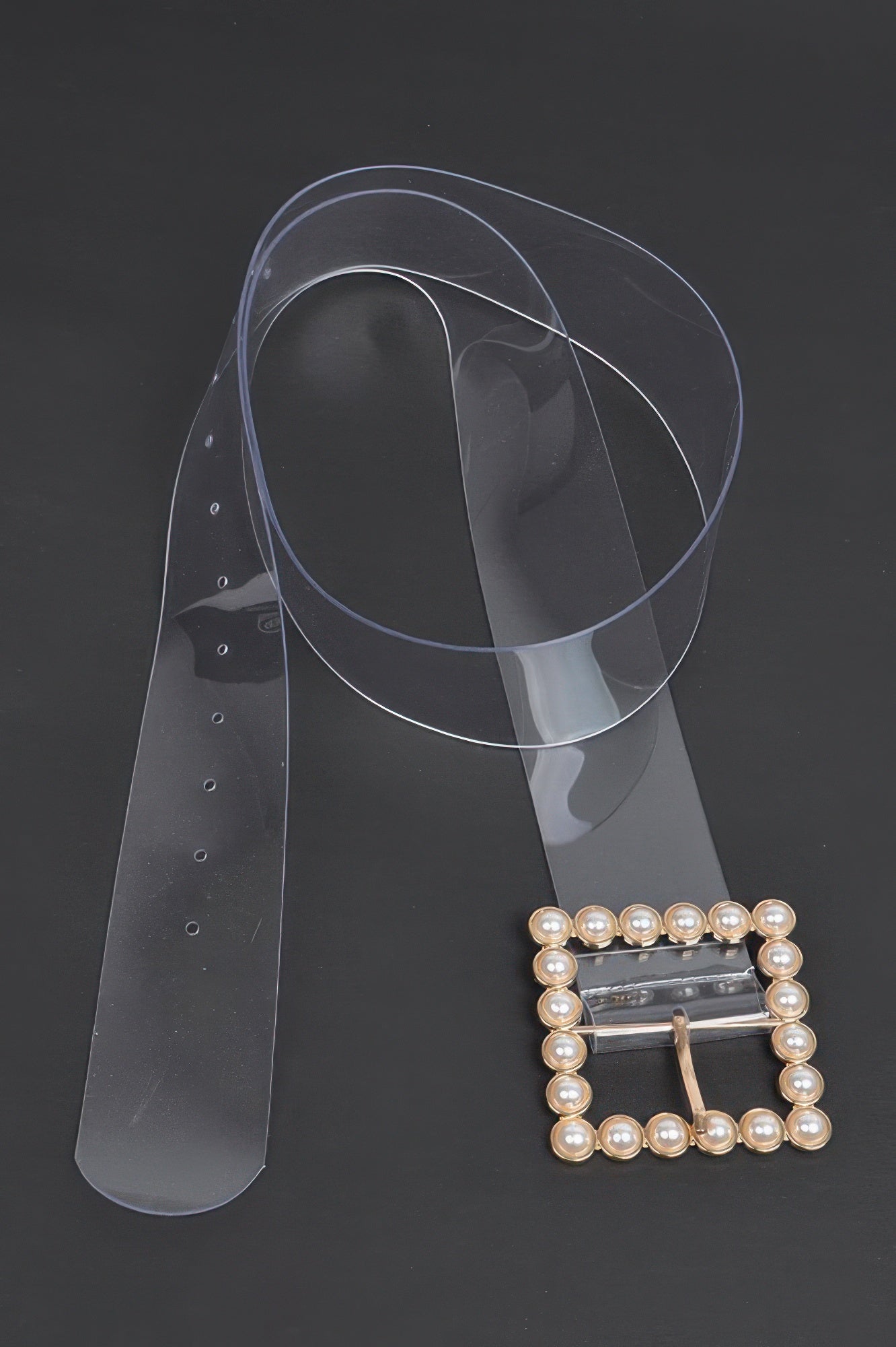Transparent belt strap with pearl beaded square buckle hardware