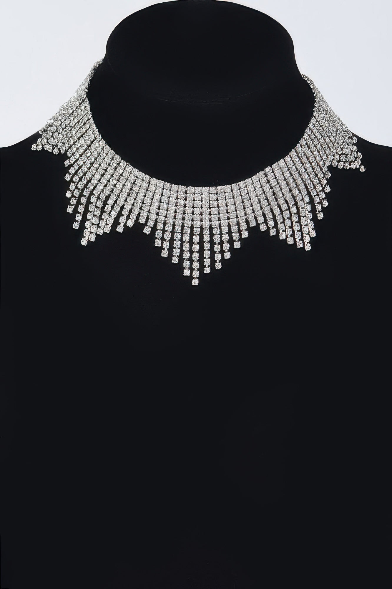 Silver rhinestone choker with dangling rectangular fringe rows and V-shaped drops