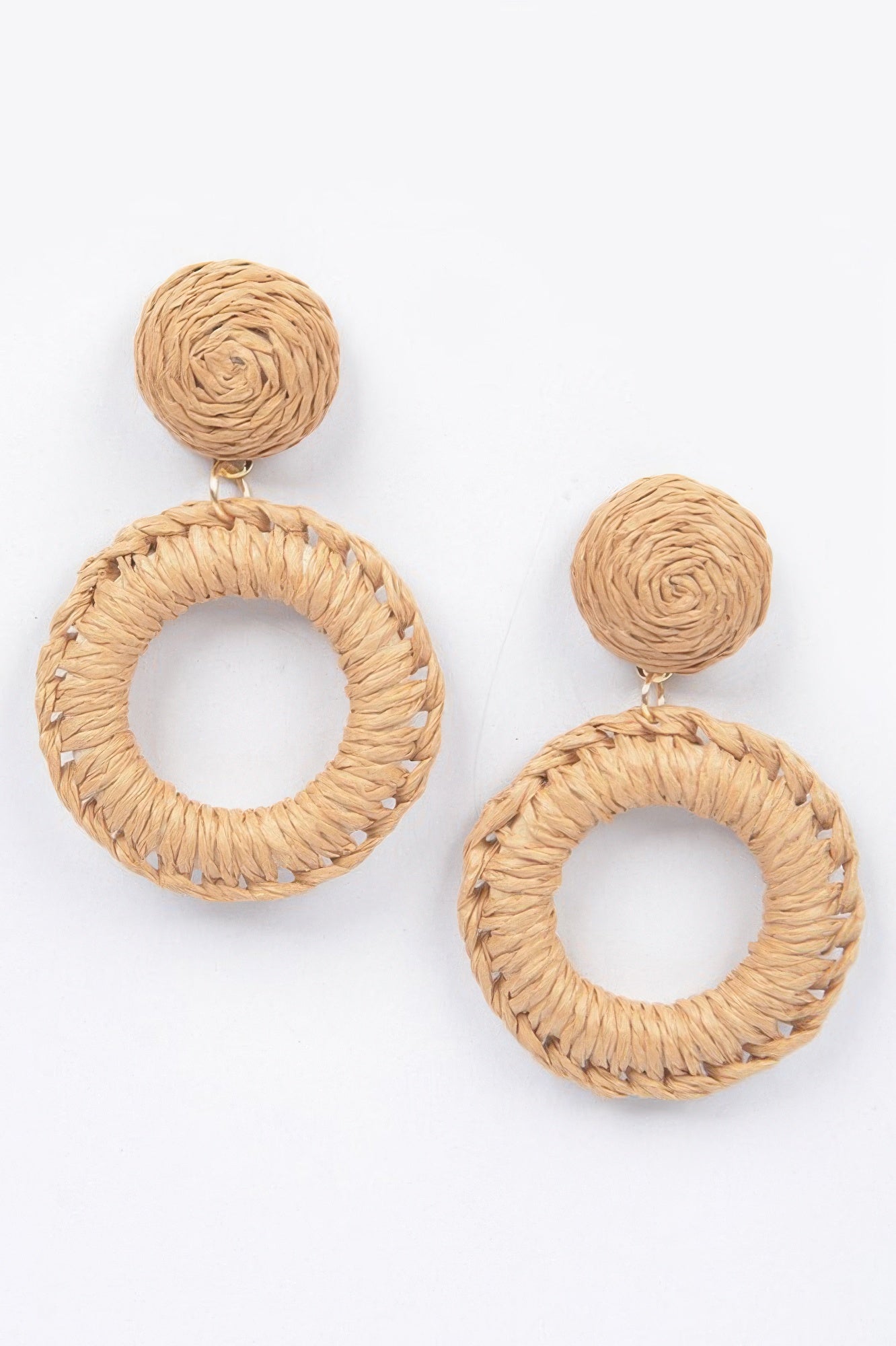 Handmade O-ring earrings in khaki woven rope, round hoop with small top ball
