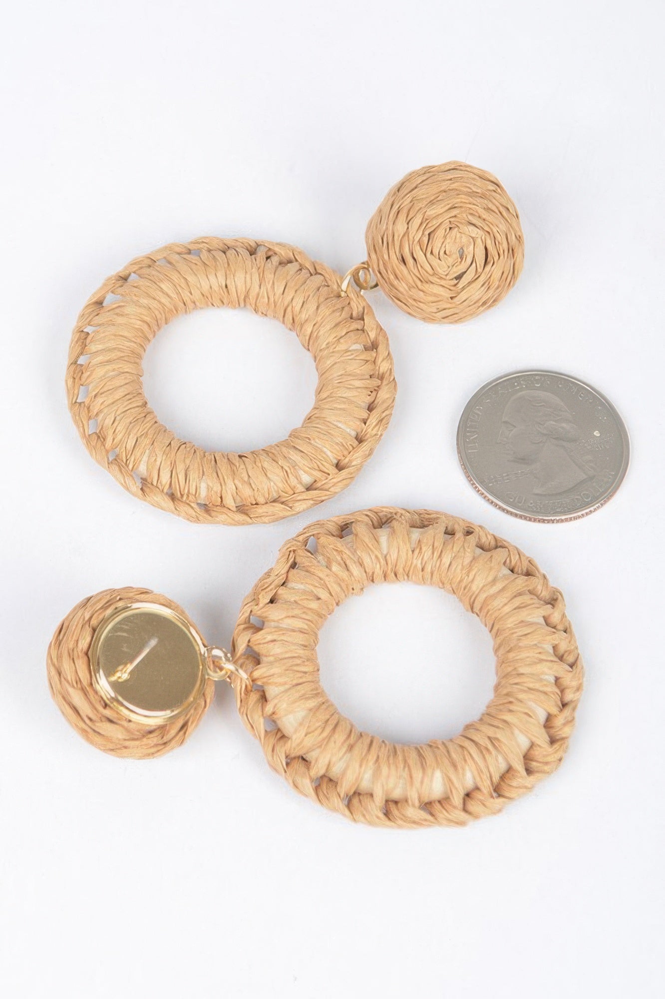 Handmade khaki woven O-ring earrings with gold-tone top and hoop, side-by-side view