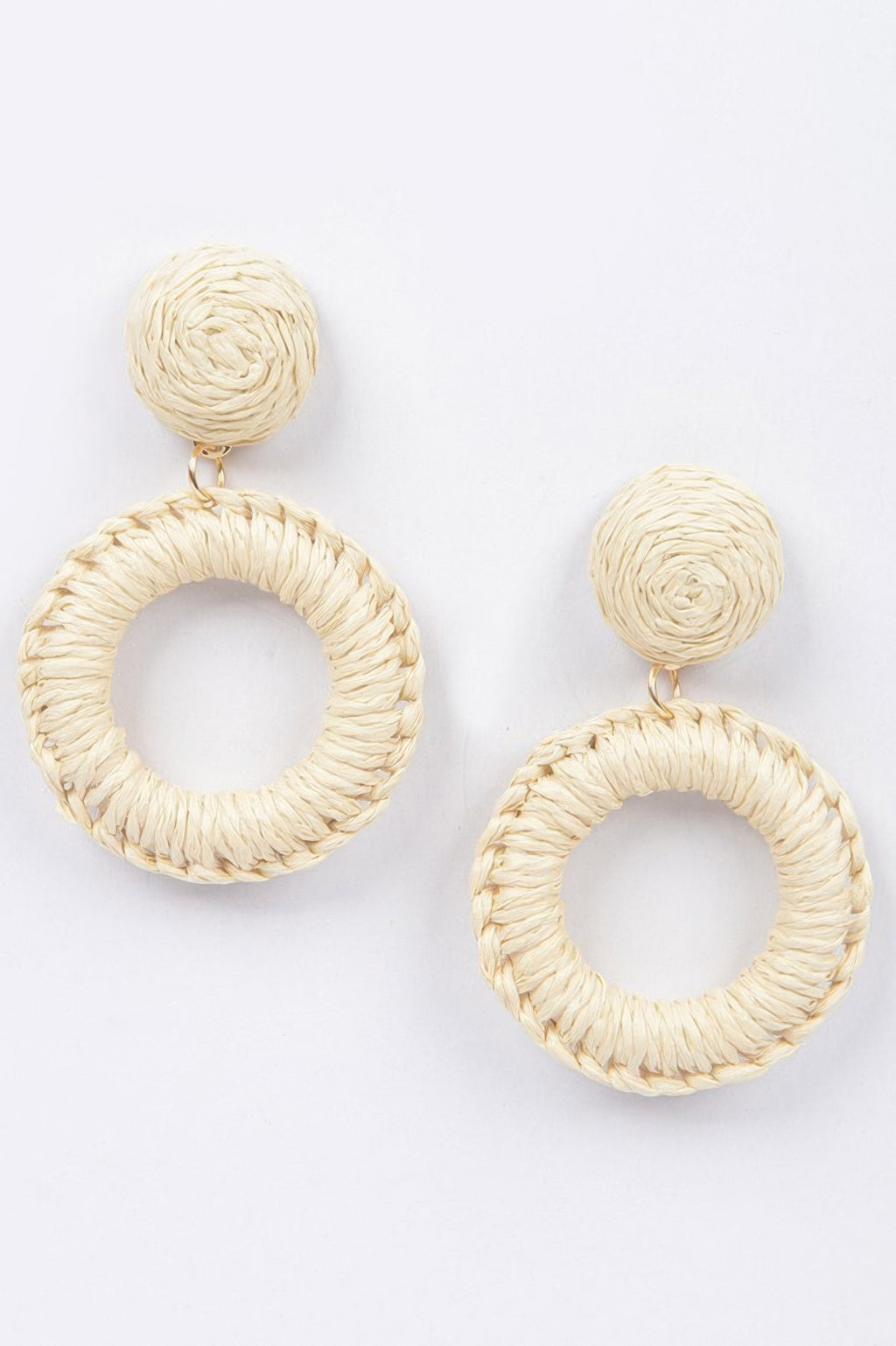 Handmade ivory woven O-ring earrings, round hoop with rope-texture top ball