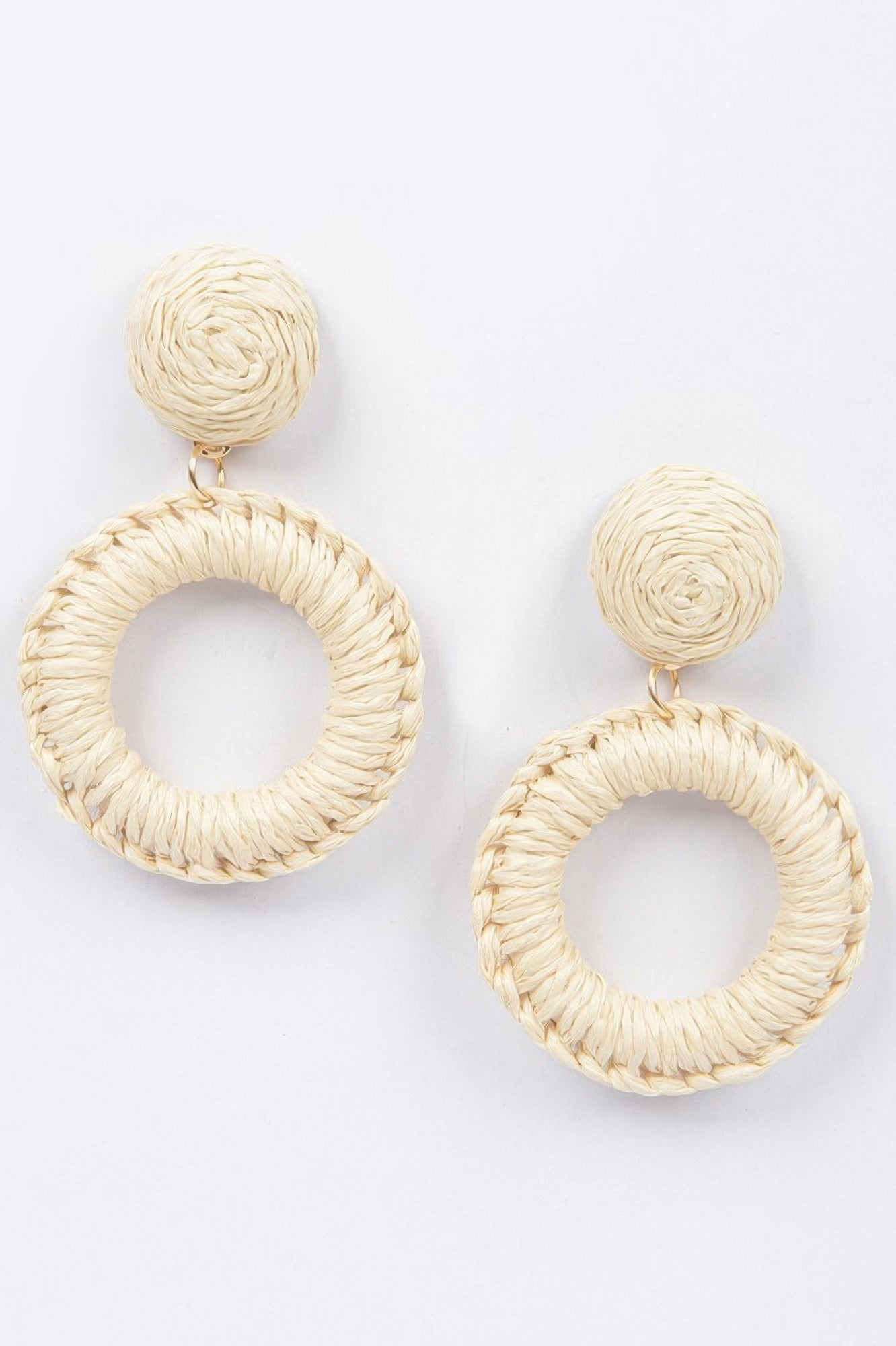 Handmade ivory woven O-ring earrings, round hoop with rope-texture top ball