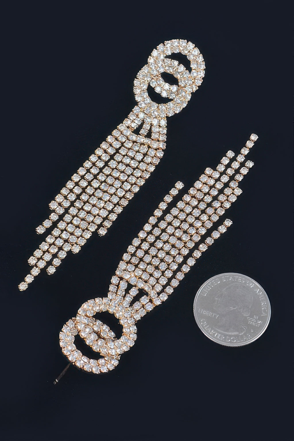 Silver rhinestone fringe earrings, long curved hoop with grid sparkle rows