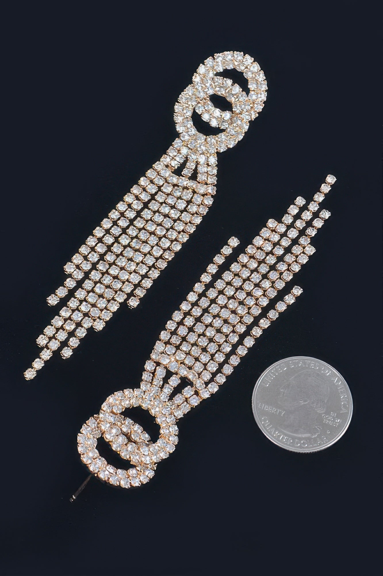 Silver rhinestone fringe earrings, long curved hoop with grid sparkle rows
