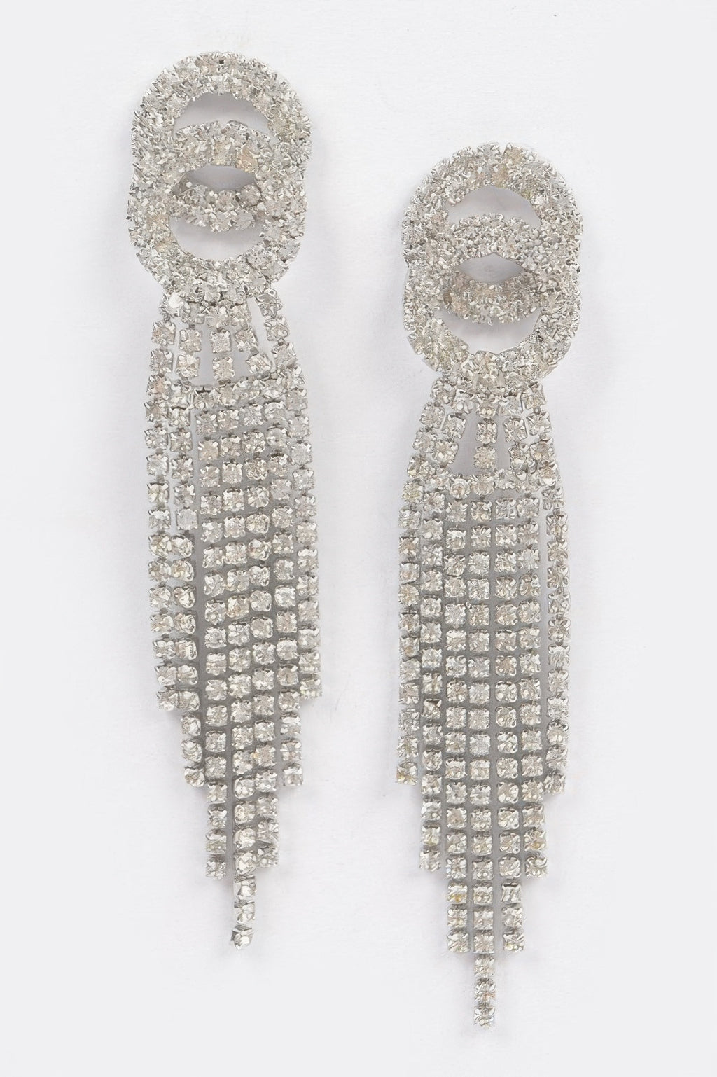 Silver rhinestone fringe earrings, oval top and cascading diamond-studded fringe