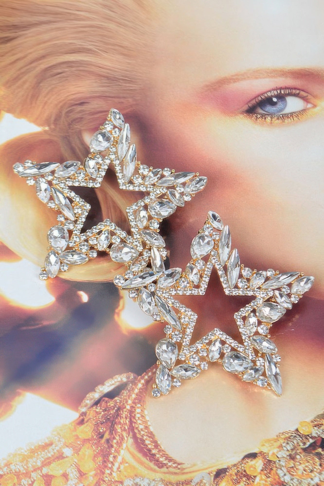 Silver rhinestone star drop earrings, ornate cluster with prong-set stones